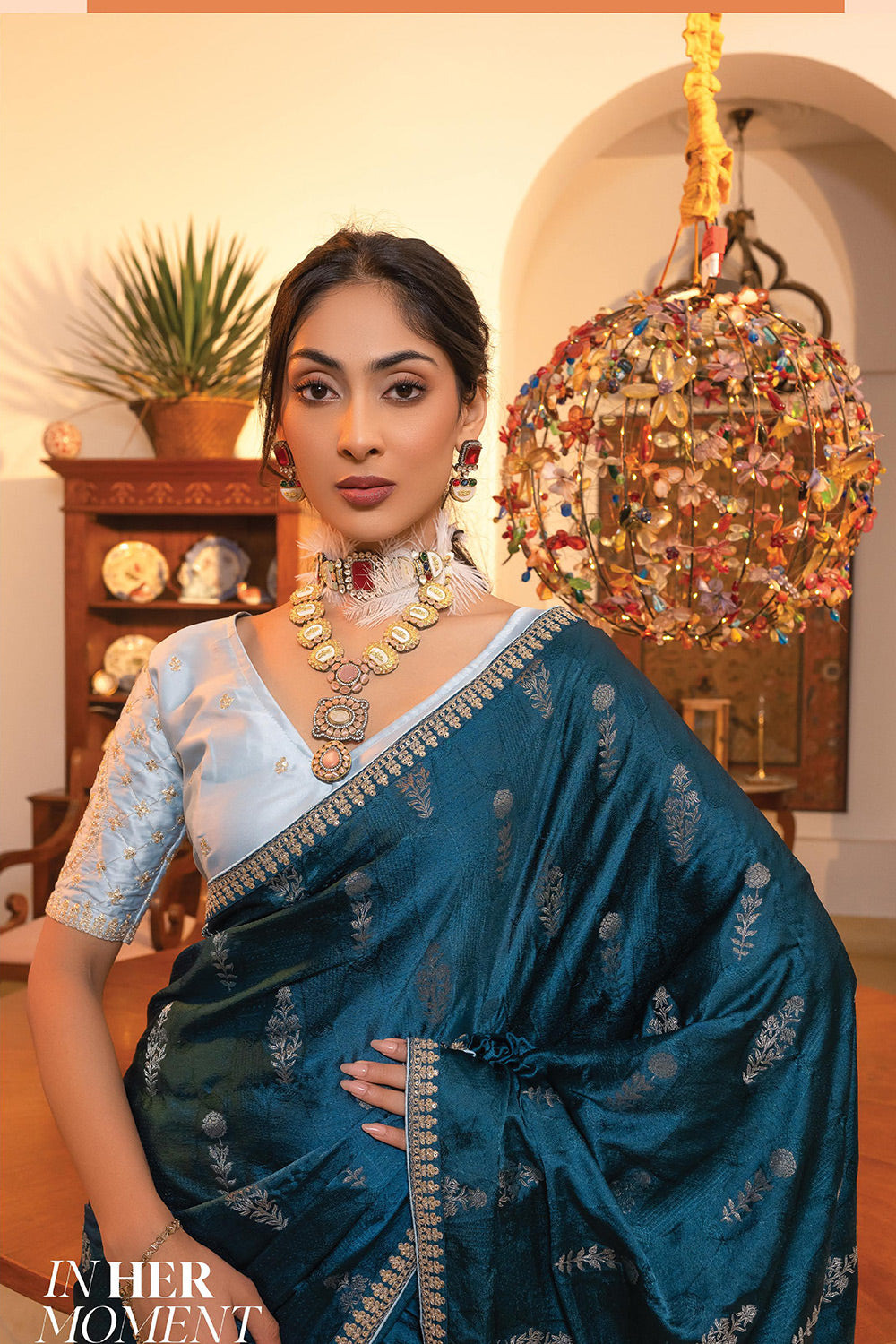 MySilkLove Casal Blue Satin Saree with Embroidered Blouse