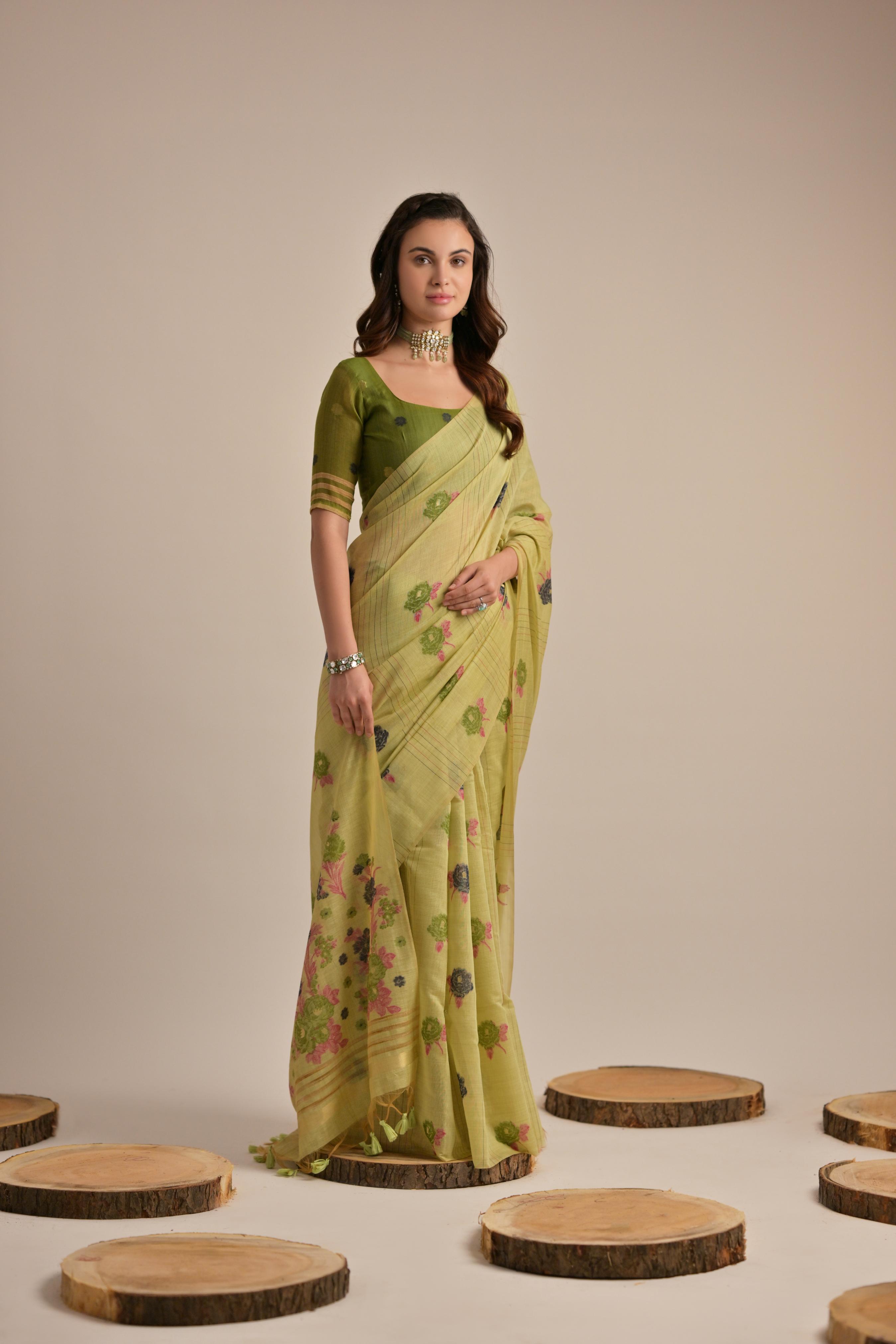 Buy MySilkLove Pea Green Floral Woven Muga Cotton Saree Online