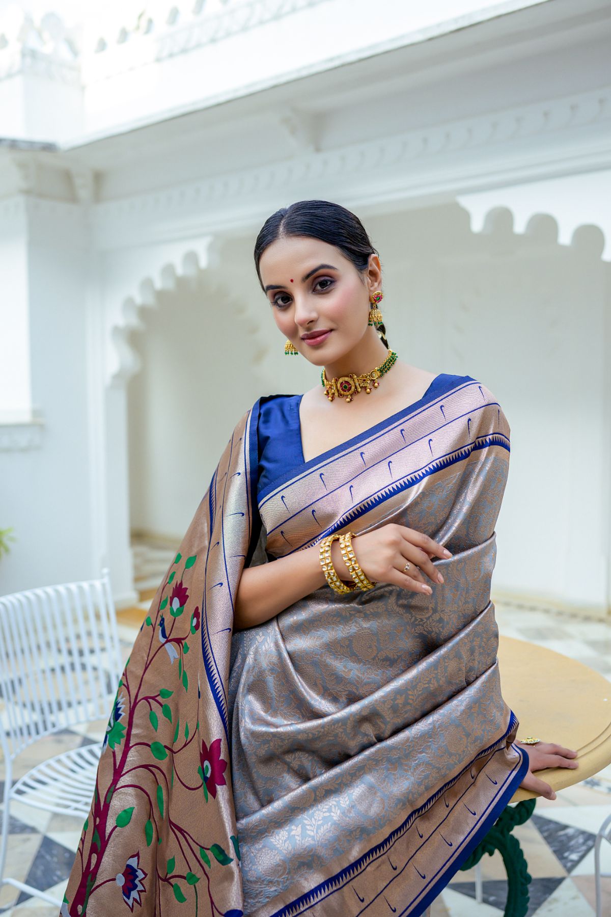 MySilkLove Light Grey and shade Blue Woven Paithani Saree