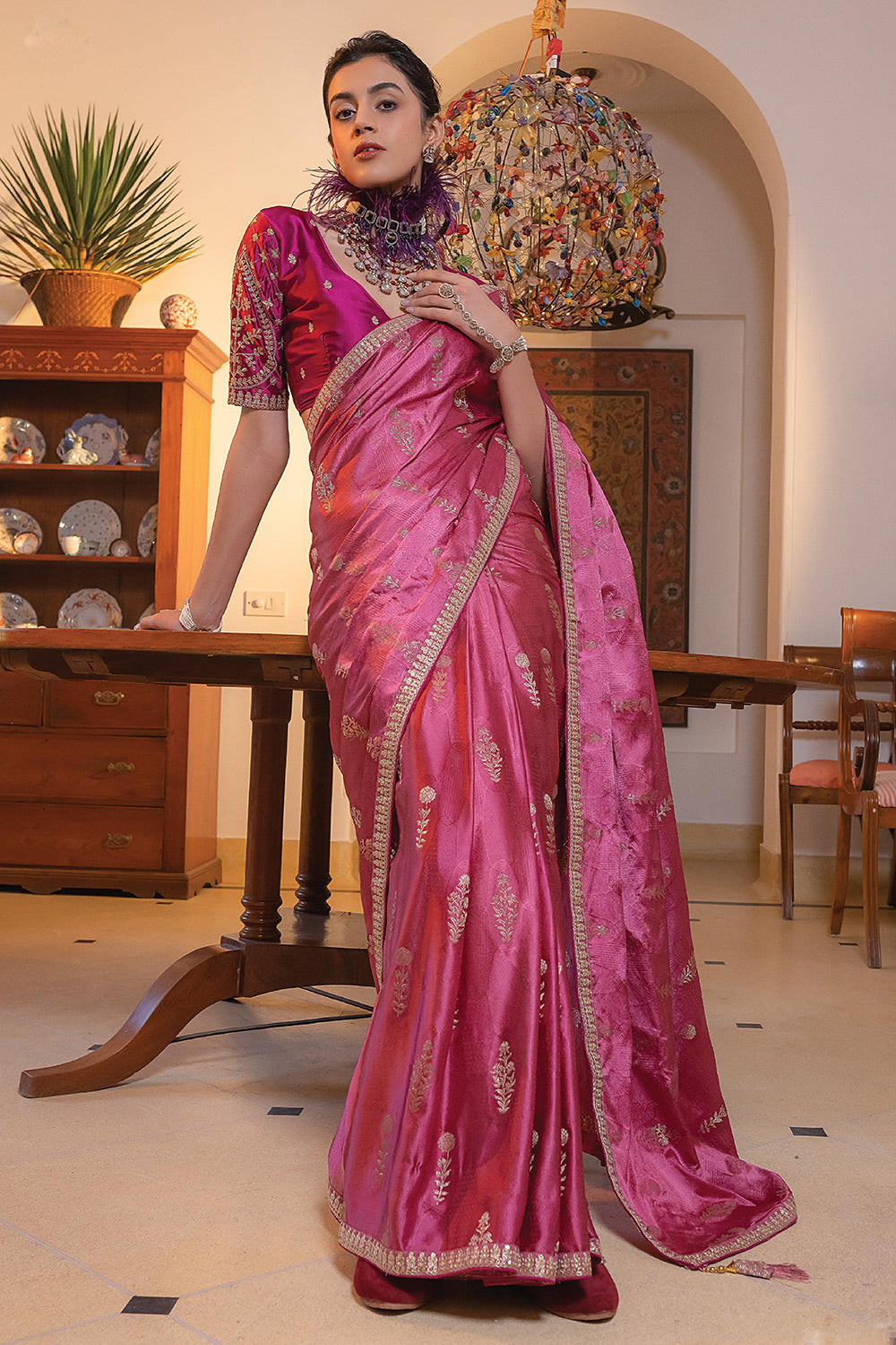 Buy MySilkLove Charm Pink Satin Saree with Embroidered Blouse Online