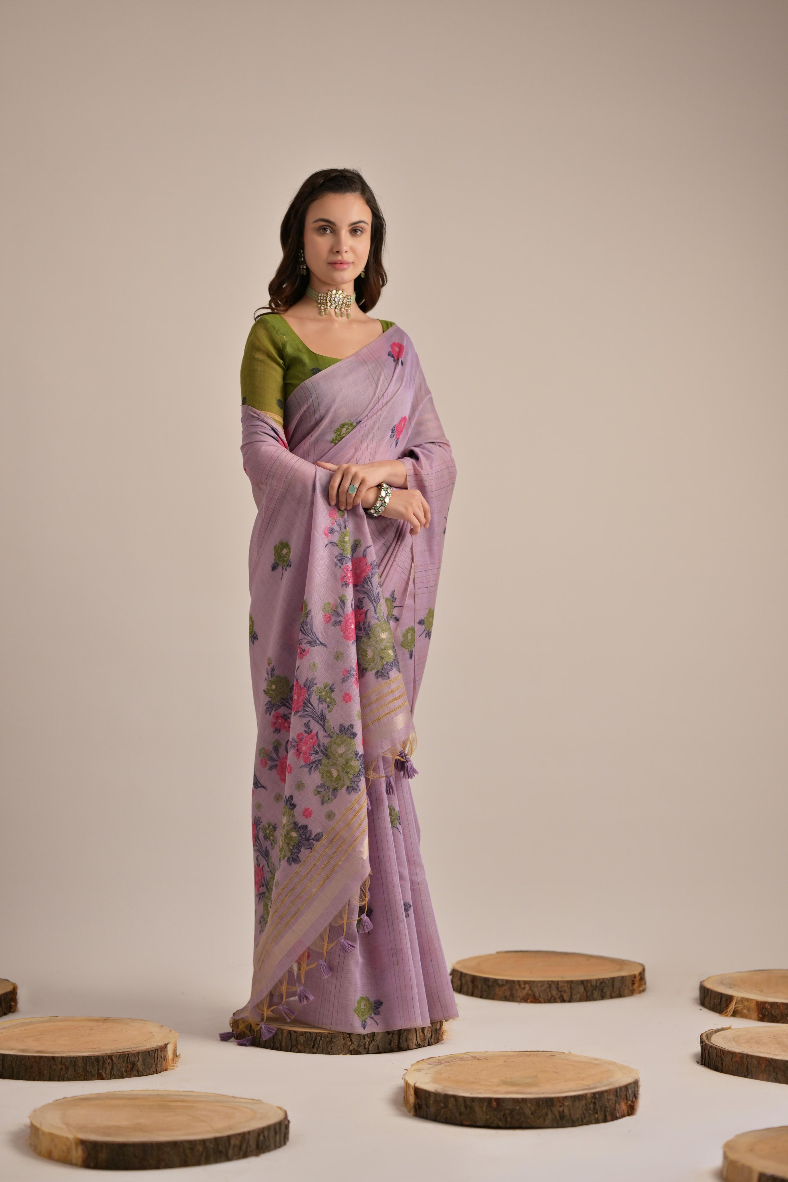 Buy MySilkLove African Lavender Floral Woven Muga Cotton Saree Online