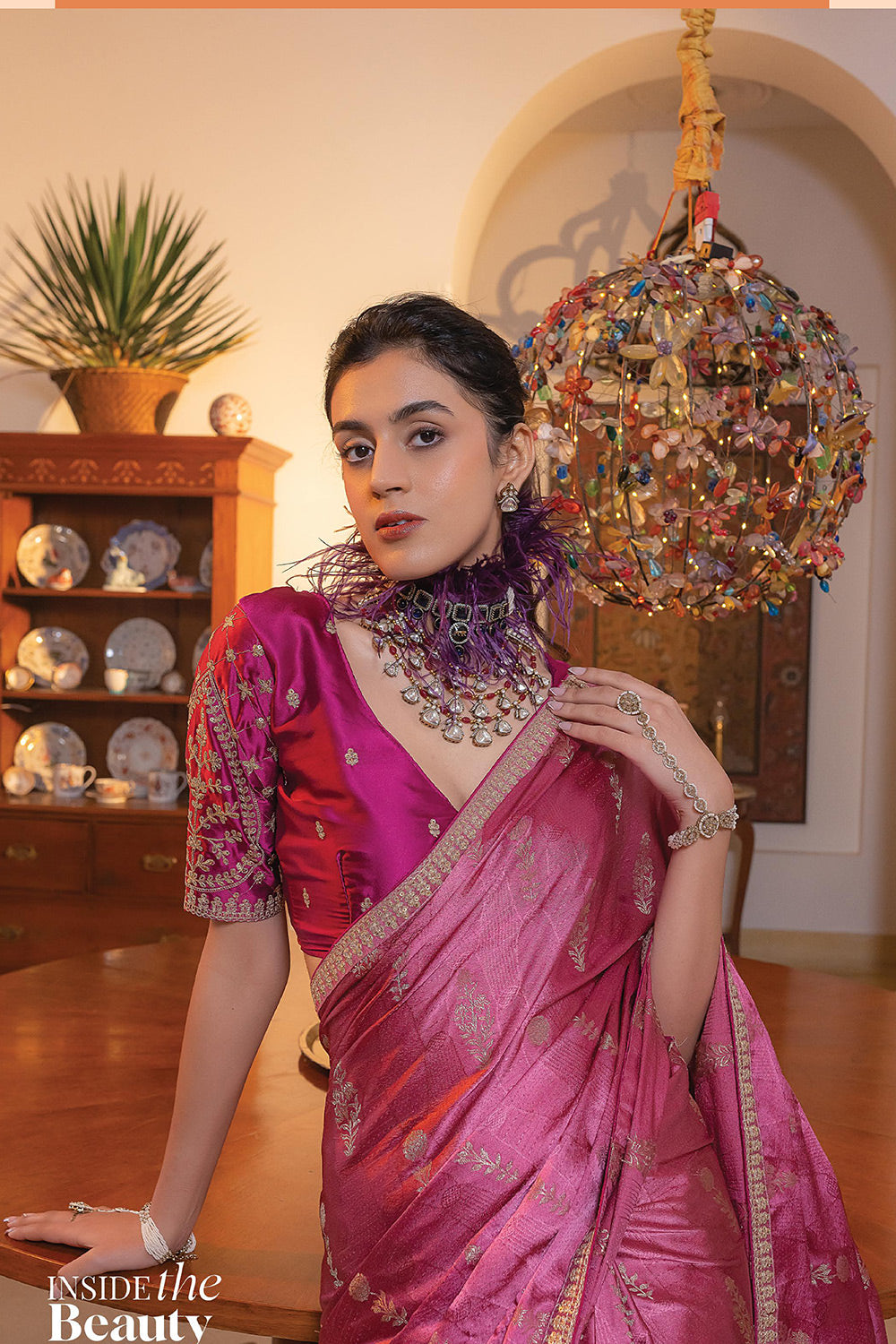 MySilkLove Charm Pink Satin Saree with Embroidered Blouse