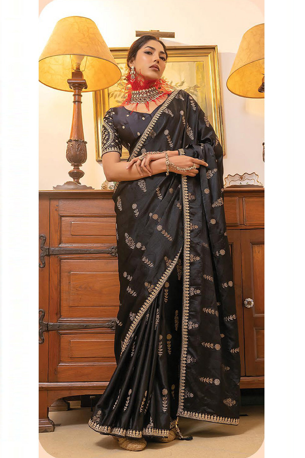 Buy MySilkLove Woody Black Satin Saree with Embroidered Blouse Online