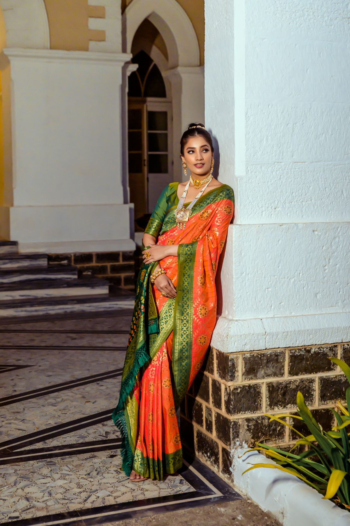 Buy MySilkLove Carrot Orange and Green Banarasi Patola Silk Saree Online