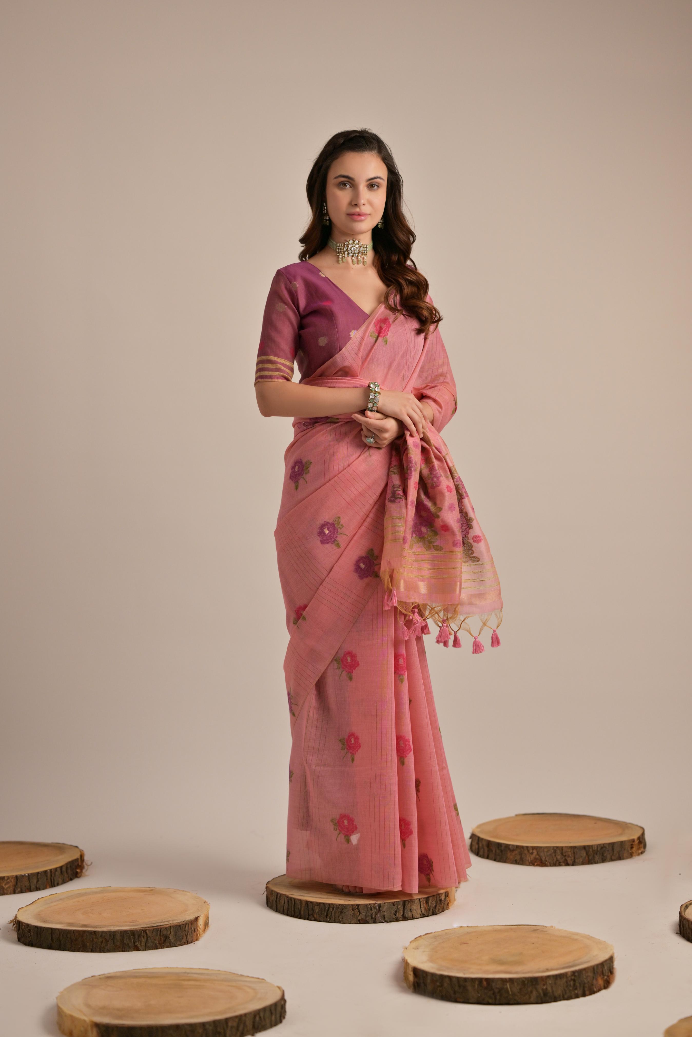 Buy MySilkLove Flower Peach Floral Woven Muga Cotton Saree Online