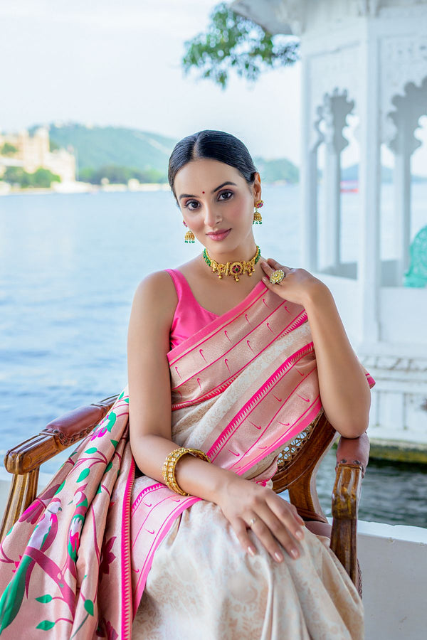 Pearl White Woven Paithani Saree