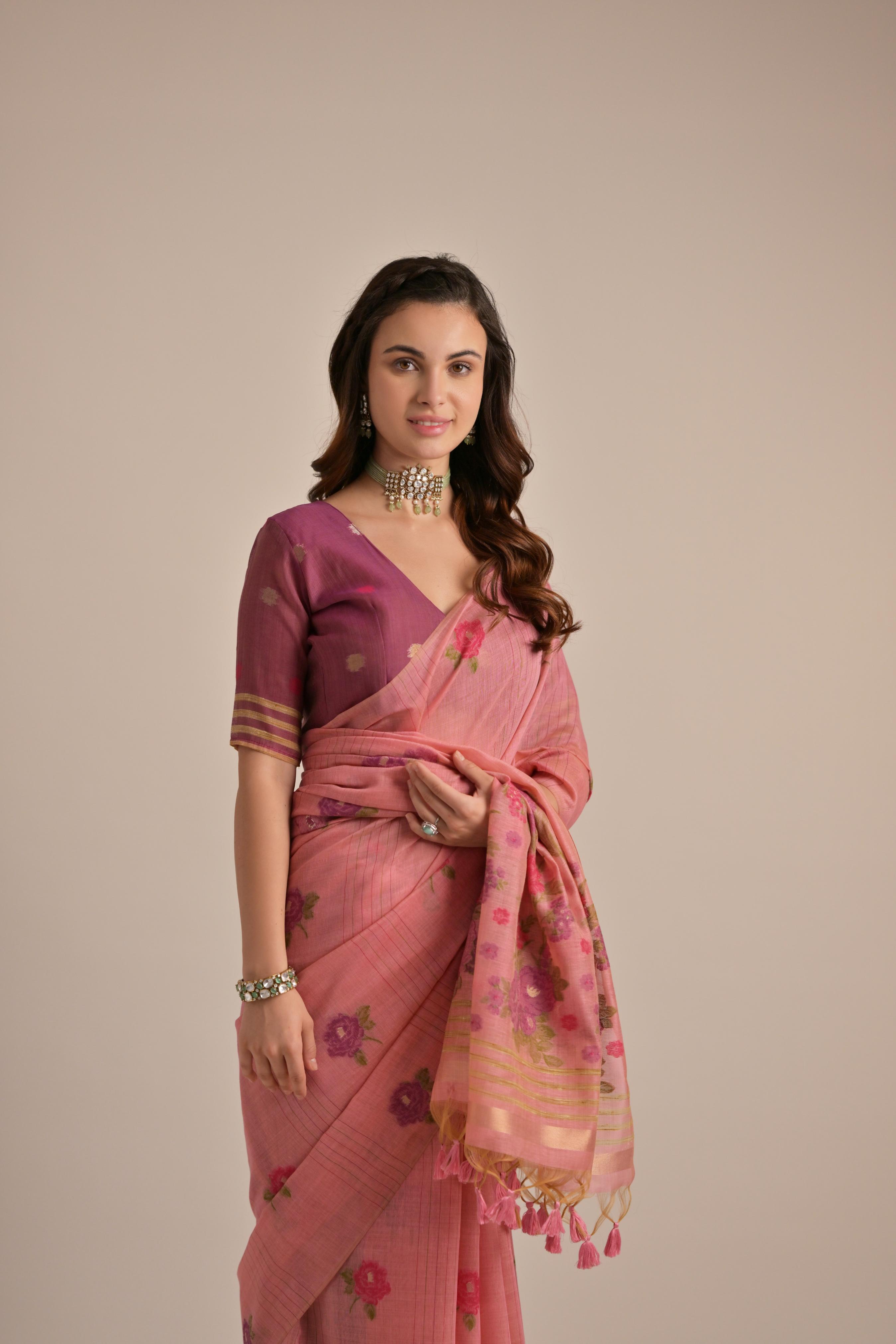 Buy MySilkLove Flower Peach Floral Woven Muga Cotton Saree Online