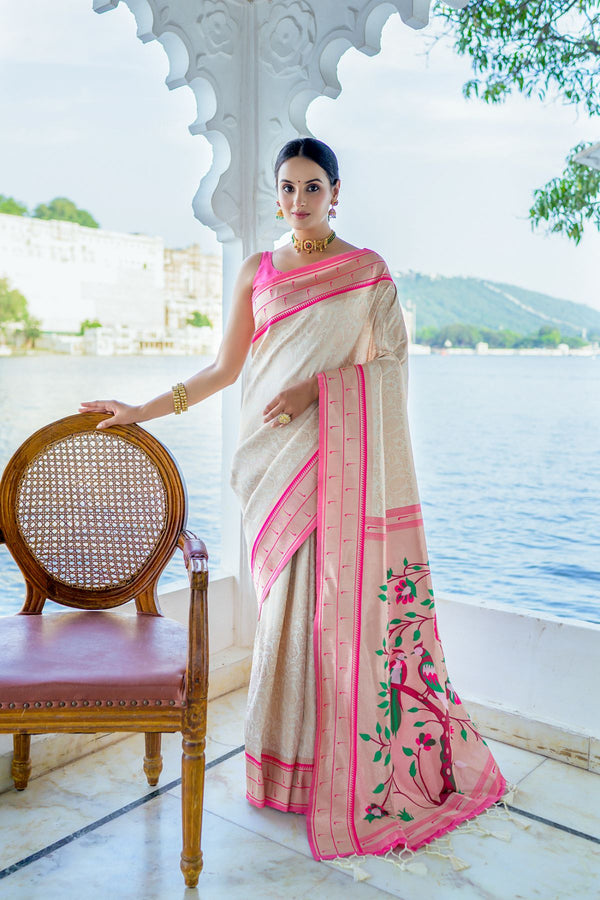 Pearl White Woven Paithani Silk Saree