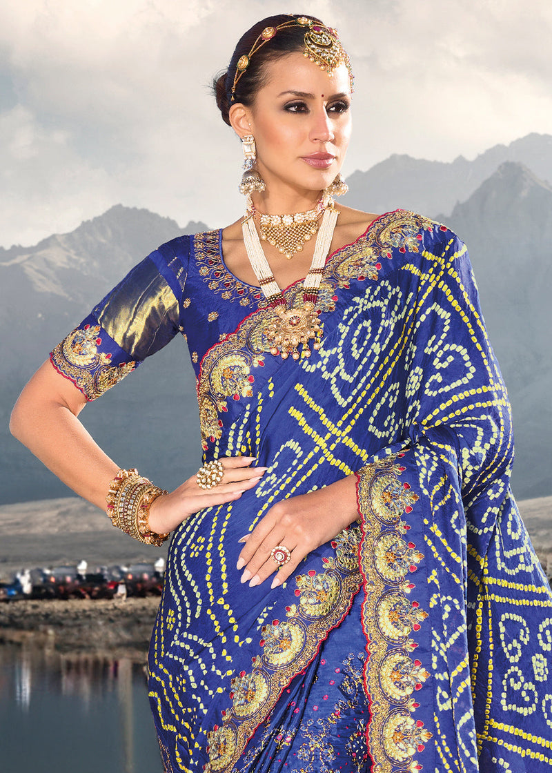 Party wear royal blue colour designer lace boarder saree - ShopLance