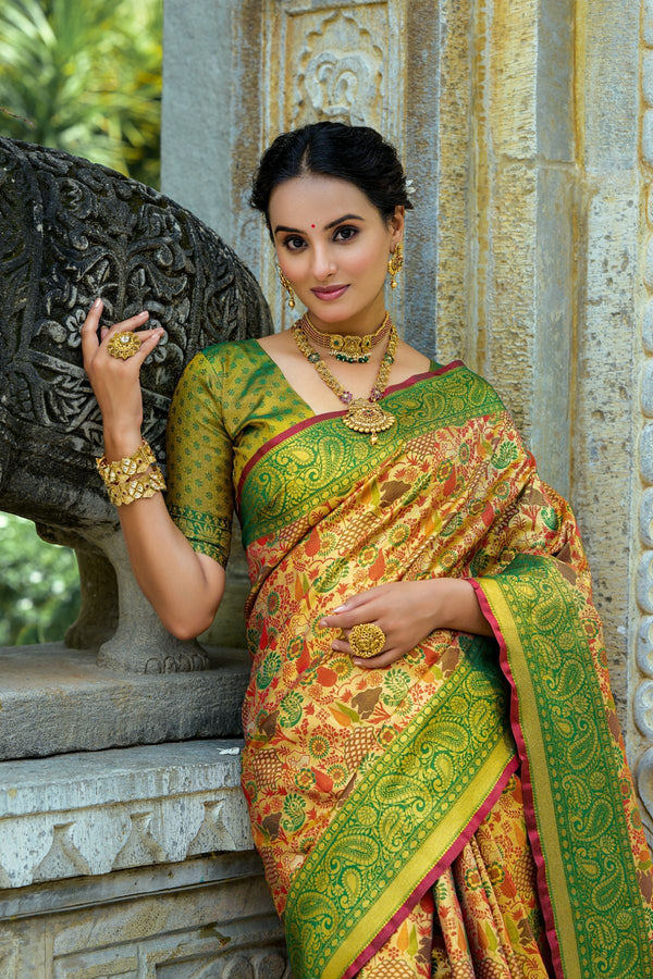 Lady's Mantle Yellow and Green Woven Kanjivaram Saree