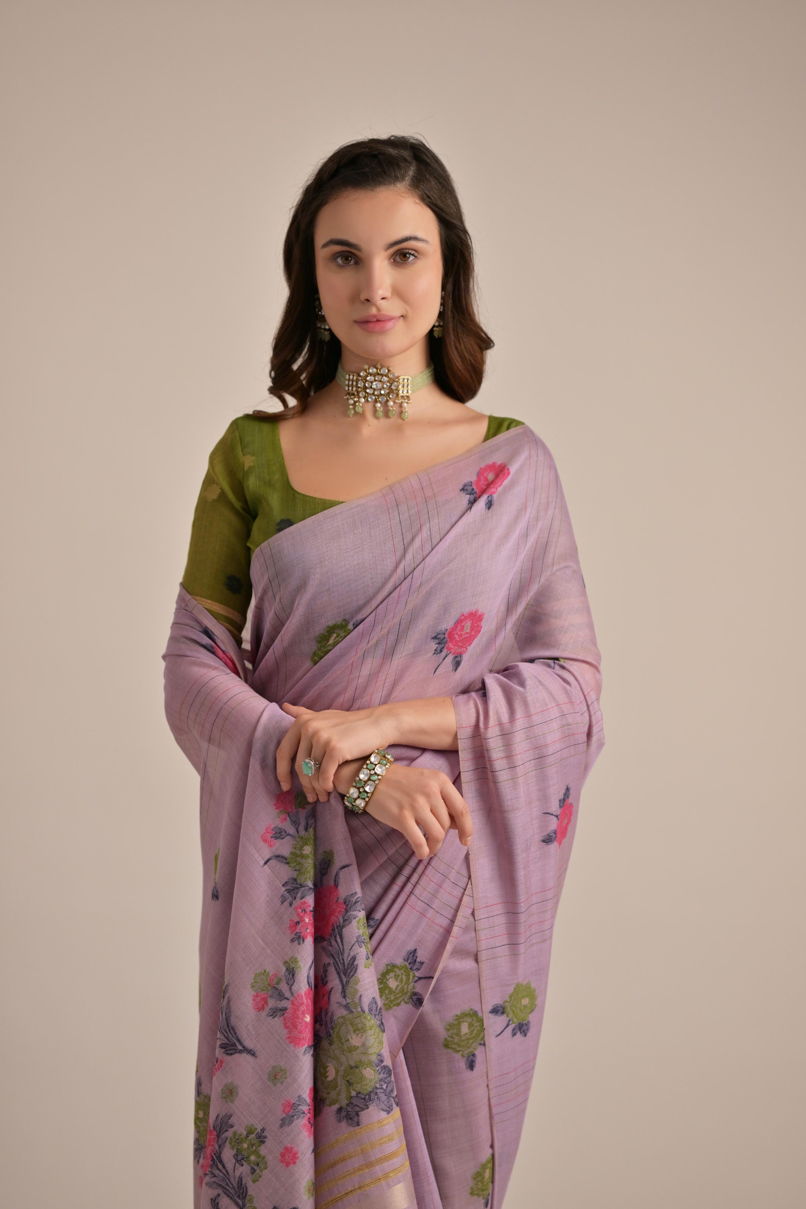 Buy MySilkLove African Lavender Floral Woven Muga Cotton Saree Online