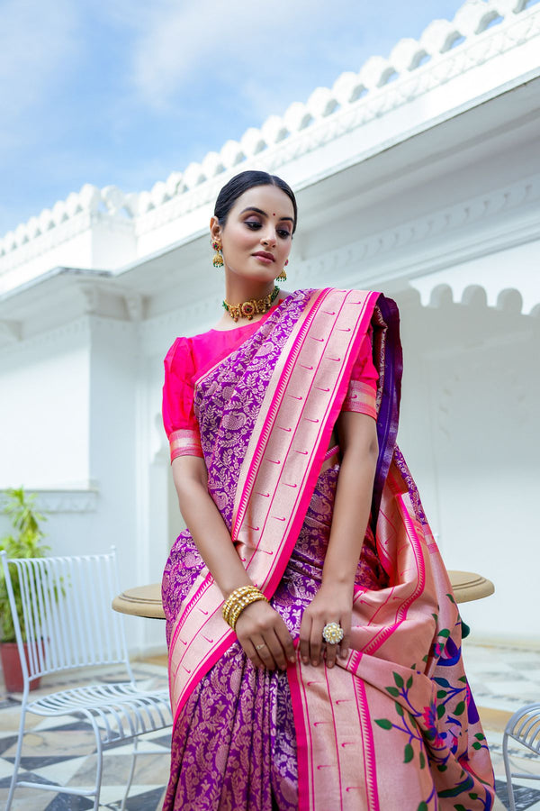 Handloom Magenta pure silk Banarasi paithani saree