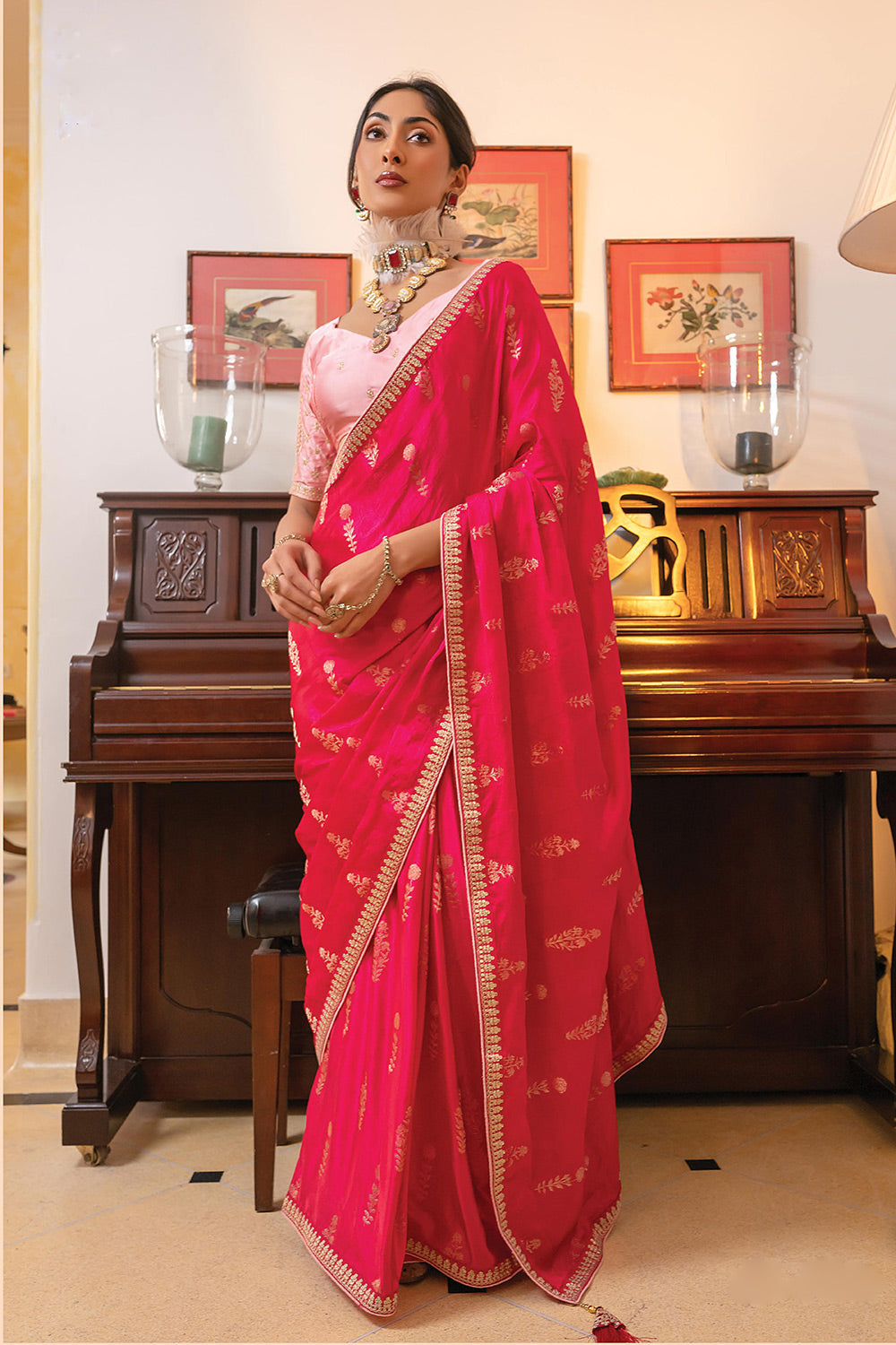 Buy MySilkLove Strawberry Pink Satin Saree with Embroidered Blouse Online