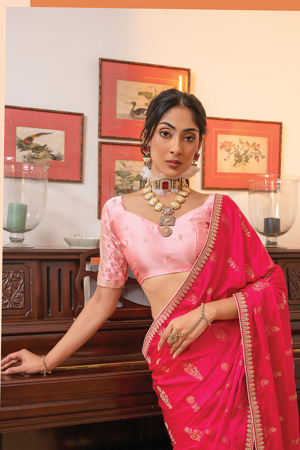Buy MySilkLove Strawberry Pink Satin Saree with Embroidered Blouse Online
