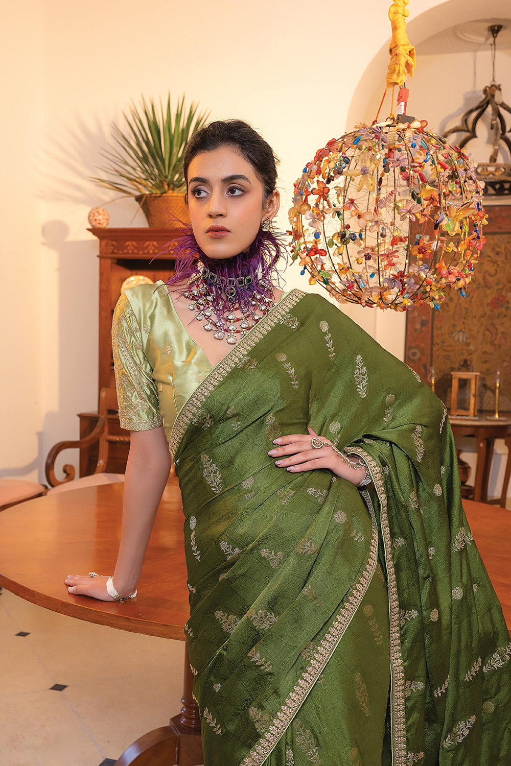 MySilkLove Verdigris Green Satin Saree with Embroidered Blouse