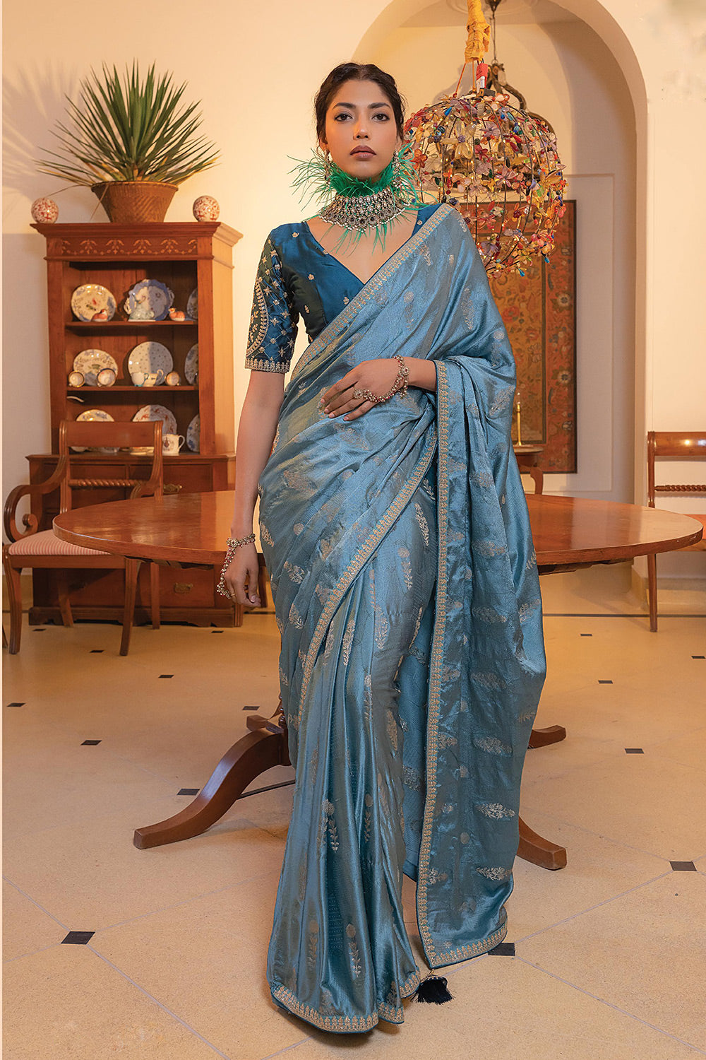 Buy MySilkLove Bermuda Blue Satin Saree with Embroidered Blouse Online