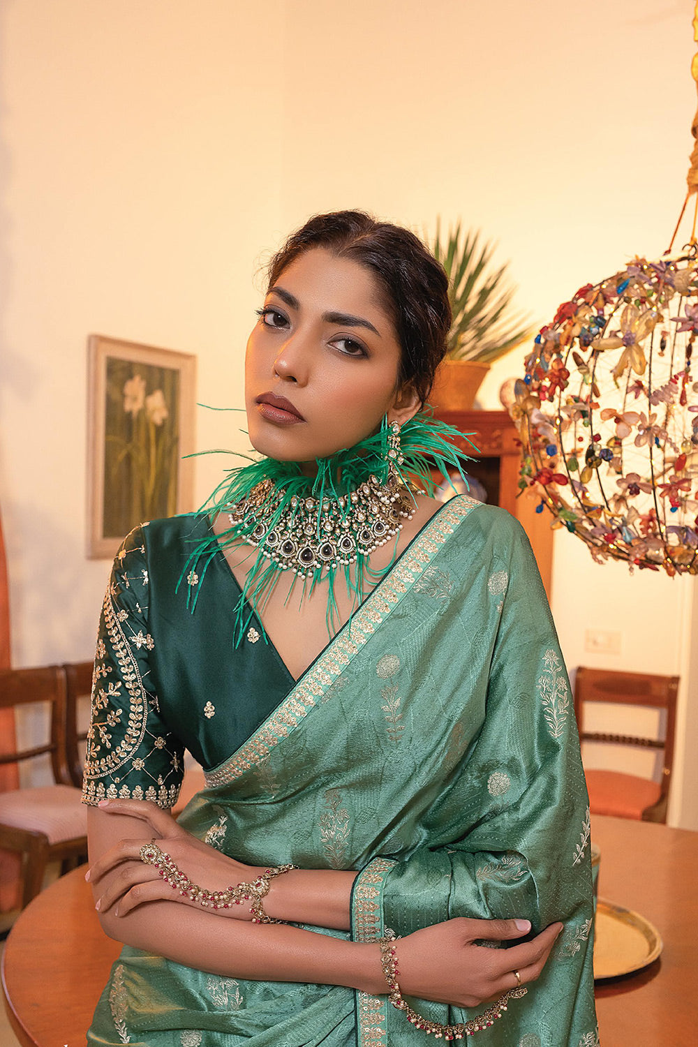 Buy MySilkLove Oxley Green Satin Saree with Embroidered Blouse Online