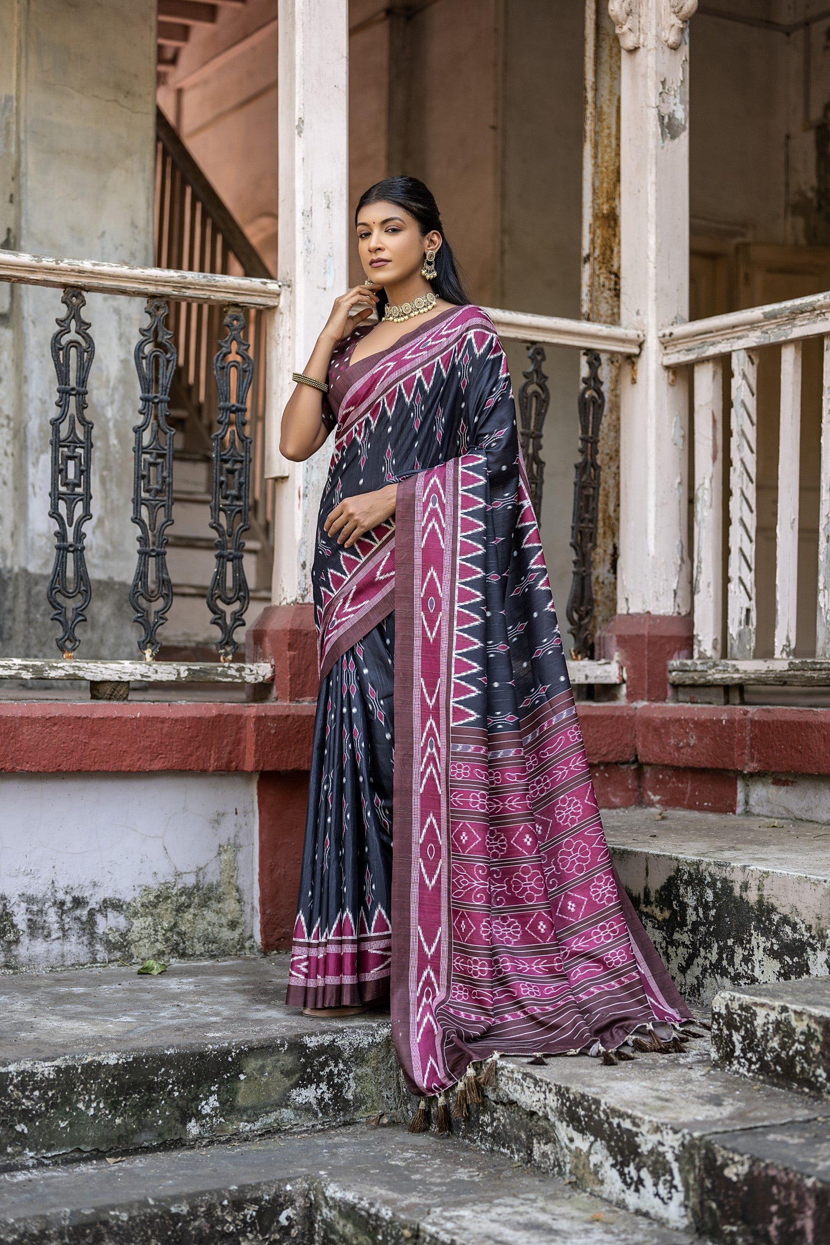 Buy MySilkLove Charade Black Ikkat Printed Cotton Silk Saree Online