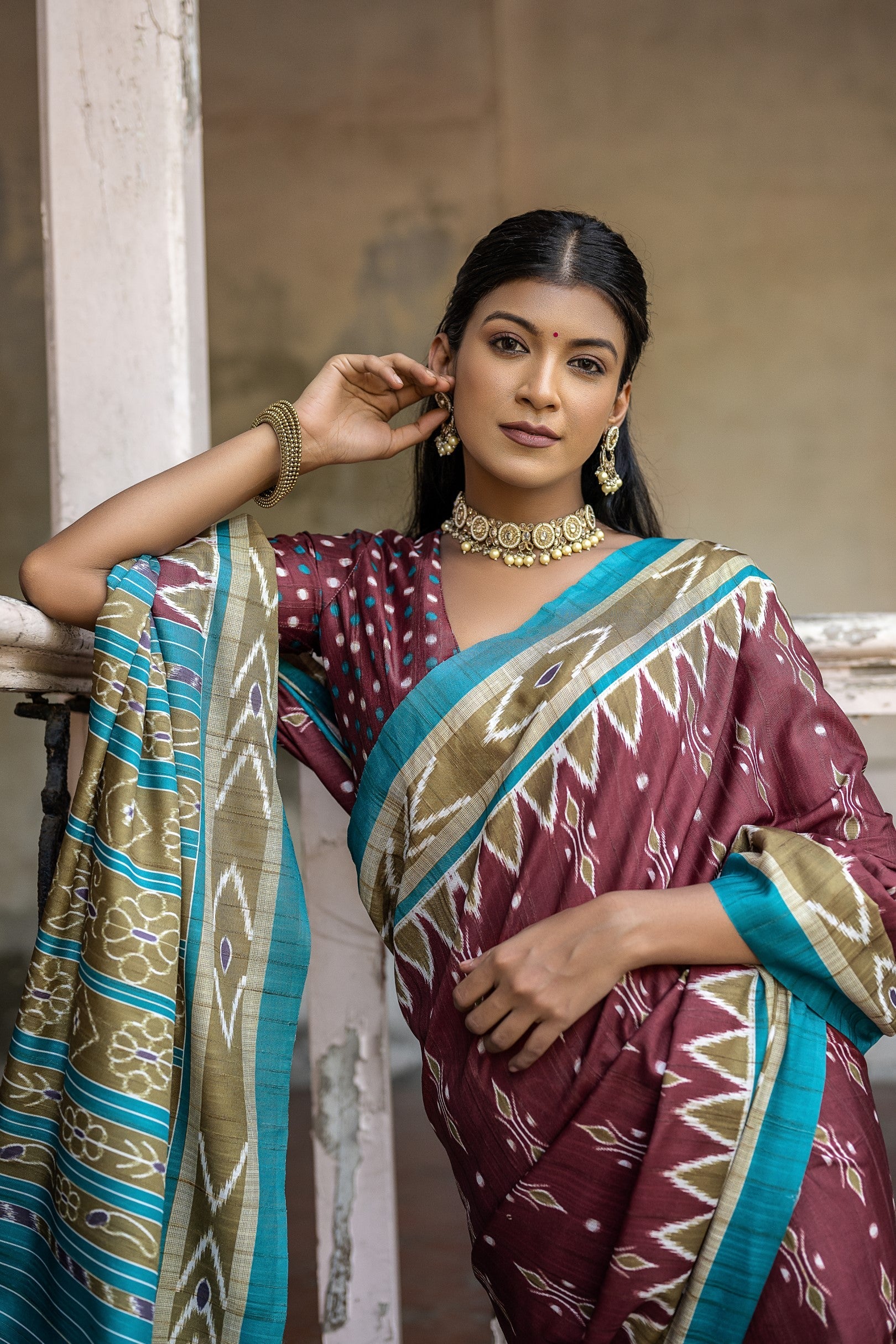 Buy MySilkLove Tosca Maroon Ikkat Printed Cotton Silk Saree Online