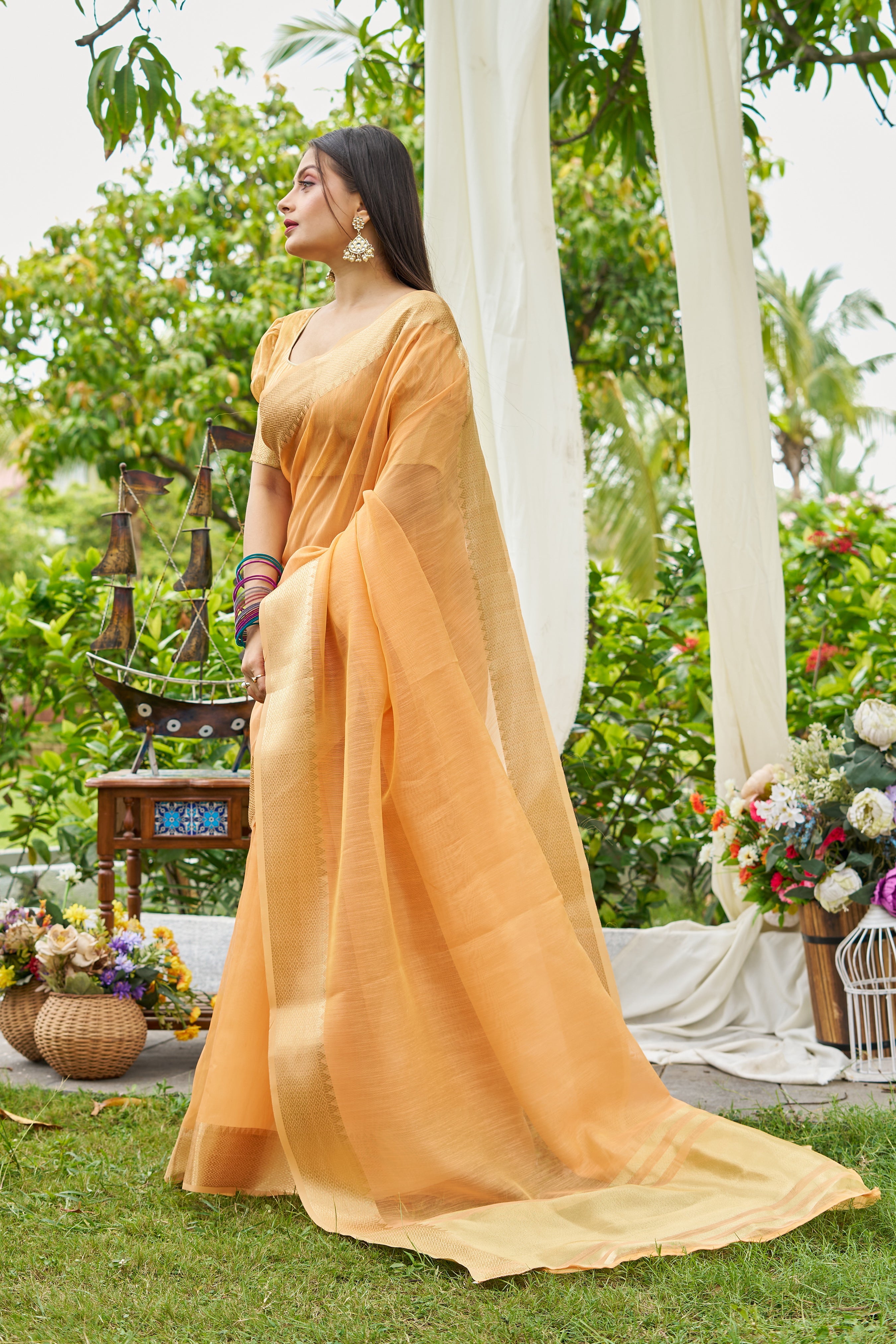 Buy MySilkLove Peel Orange Woven Linen Saree Online