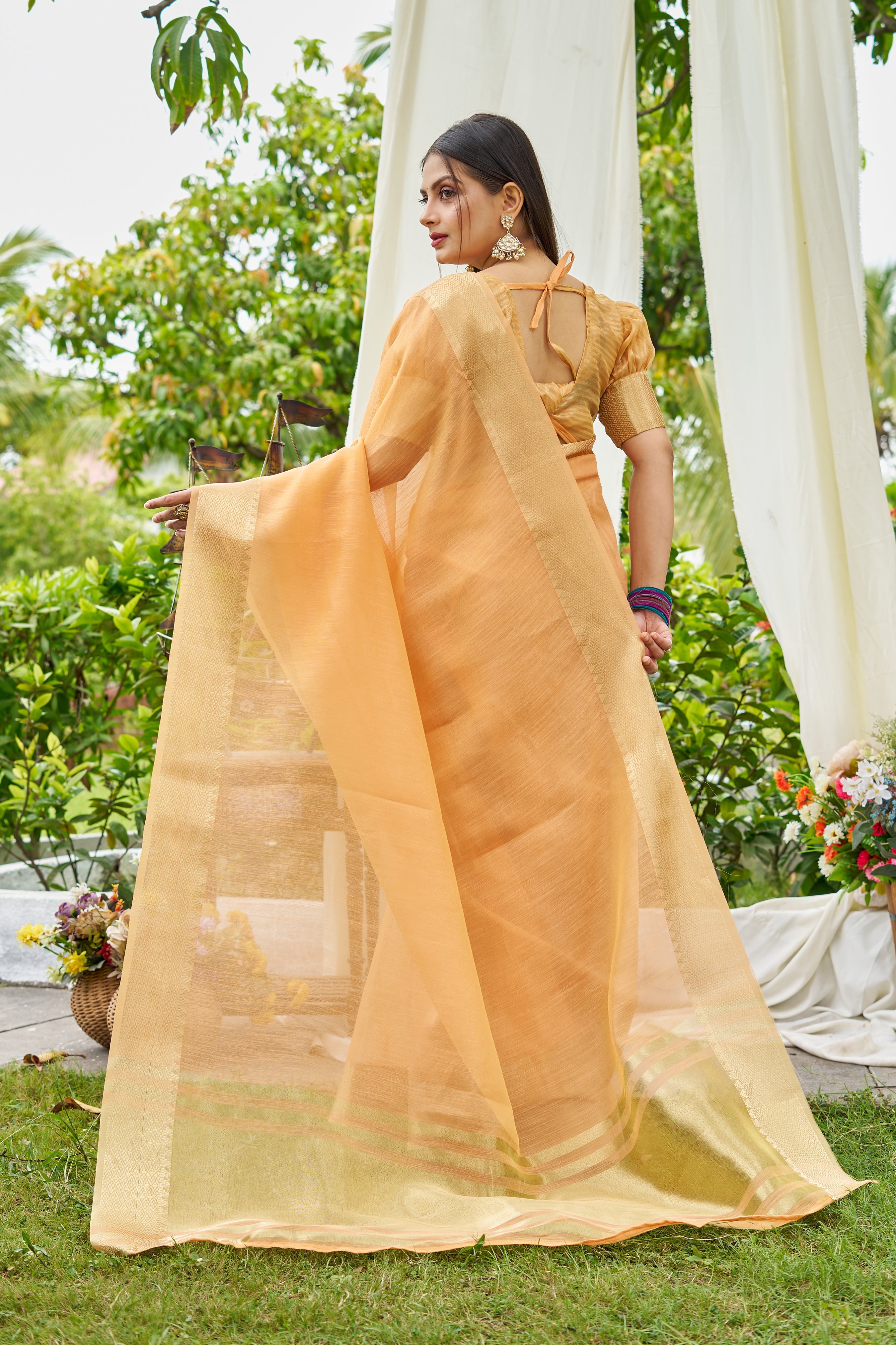 Buy MySilkLove Peel Orange Woven Linen Saree Online