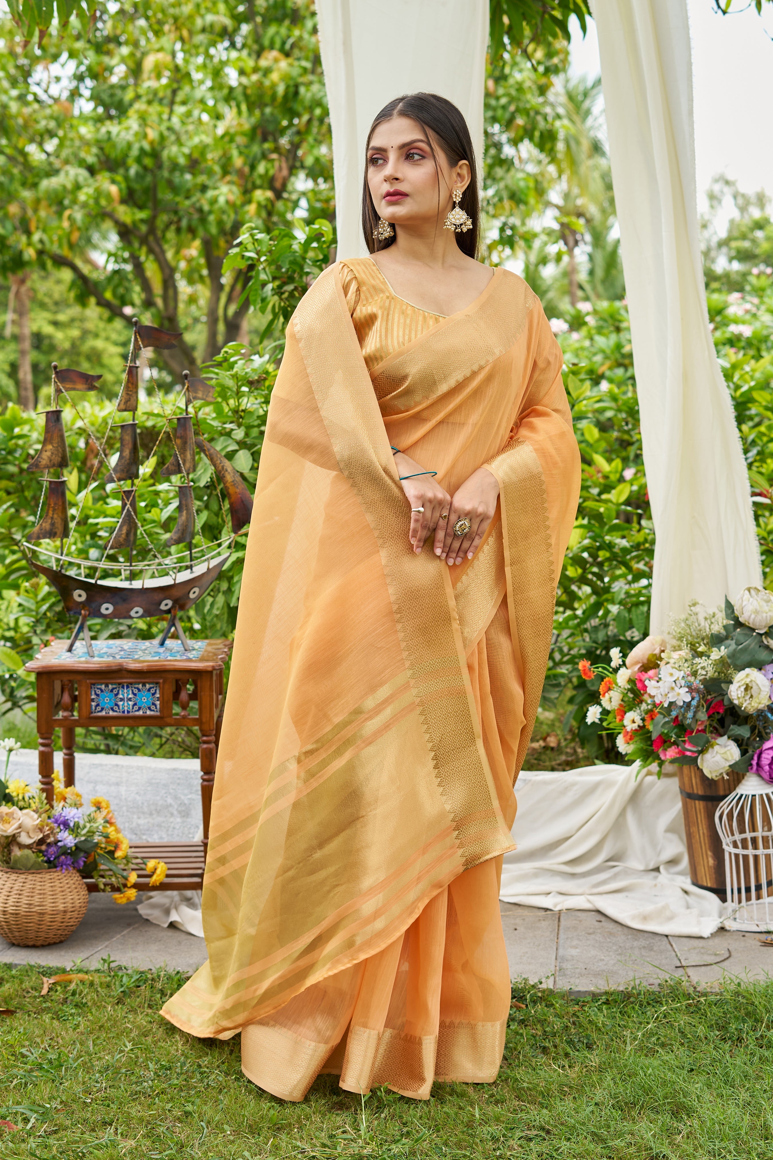 Buy MySilkLove Peel Orange Woven Linen Saree Online