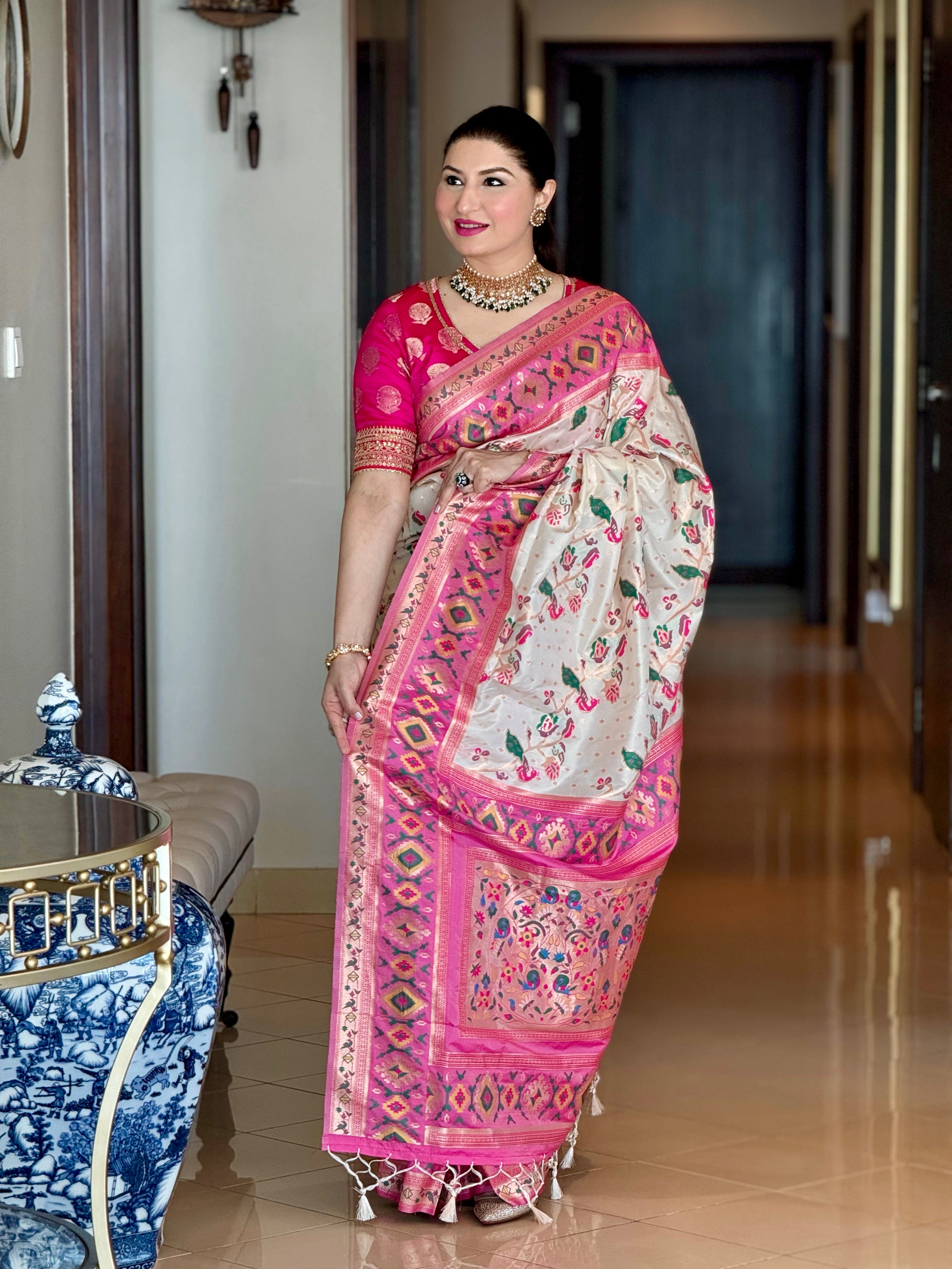 Buy MySilkLove Off White and Pink Patola Fusion Paithani Silk Saree Online
