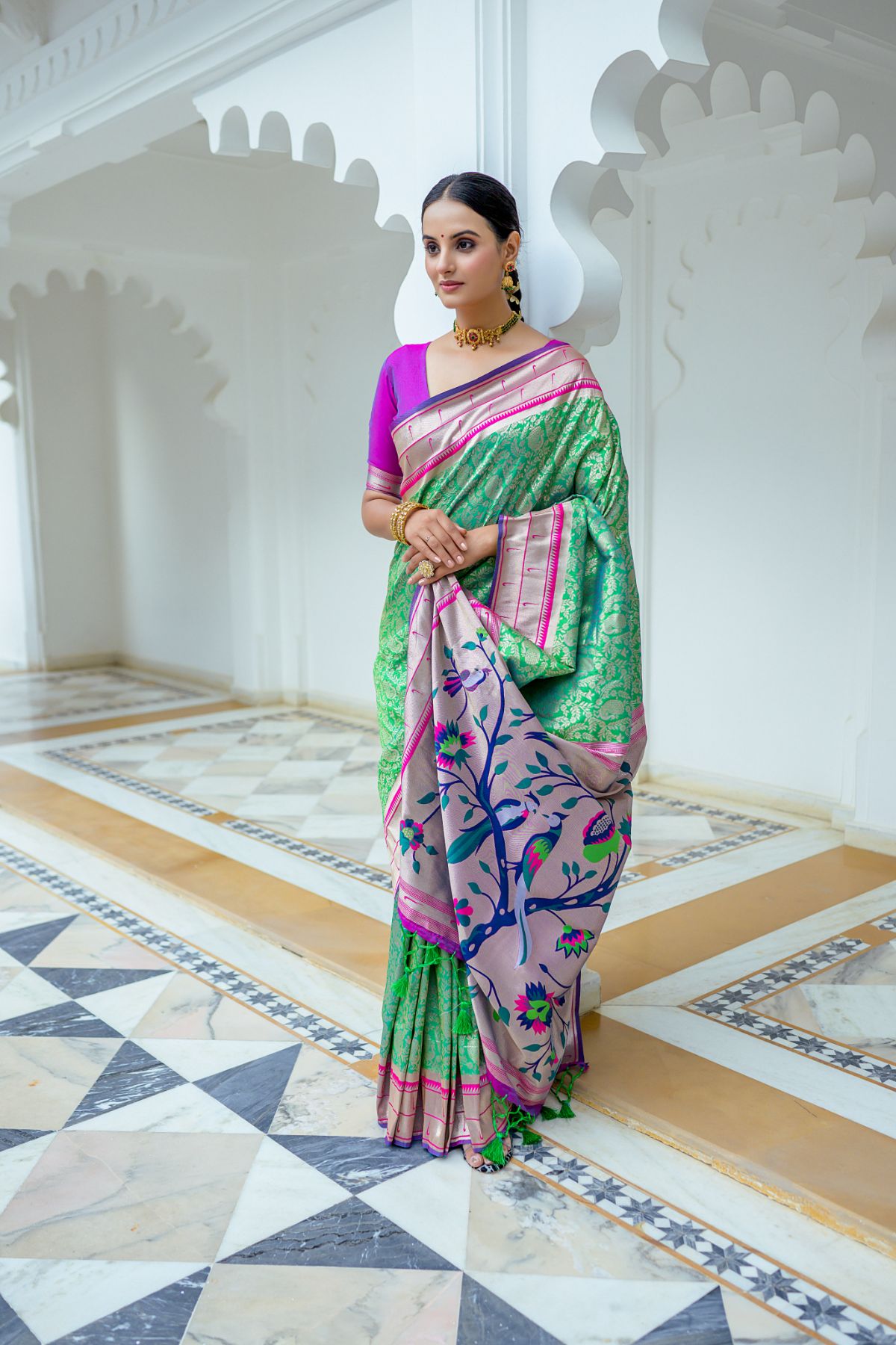 Buy MySilkLove Dianthus Green Woven Paithani Saree Online