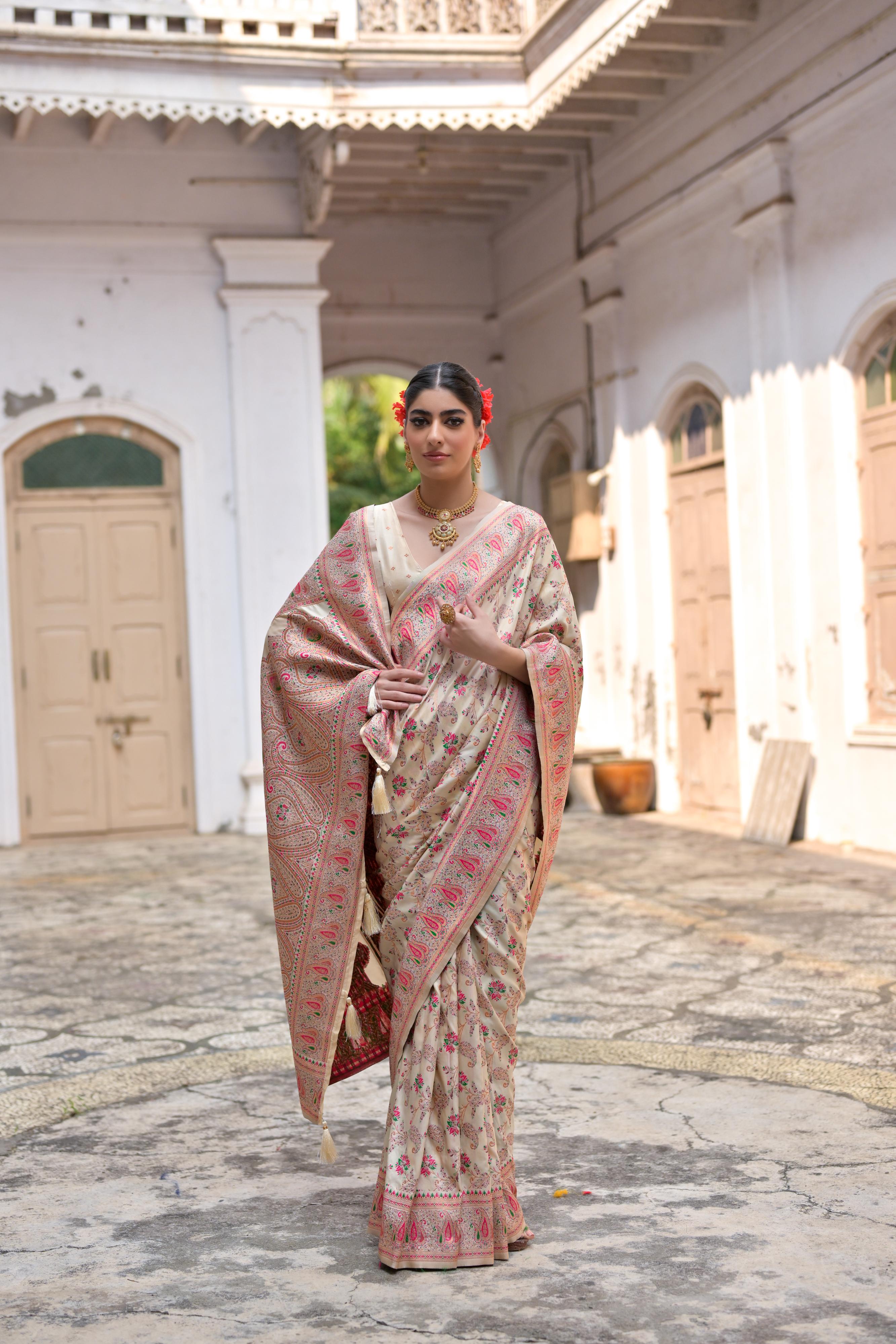 Buy MySilkLove Nobel Cream Woven Pashmina Silk Saree Online