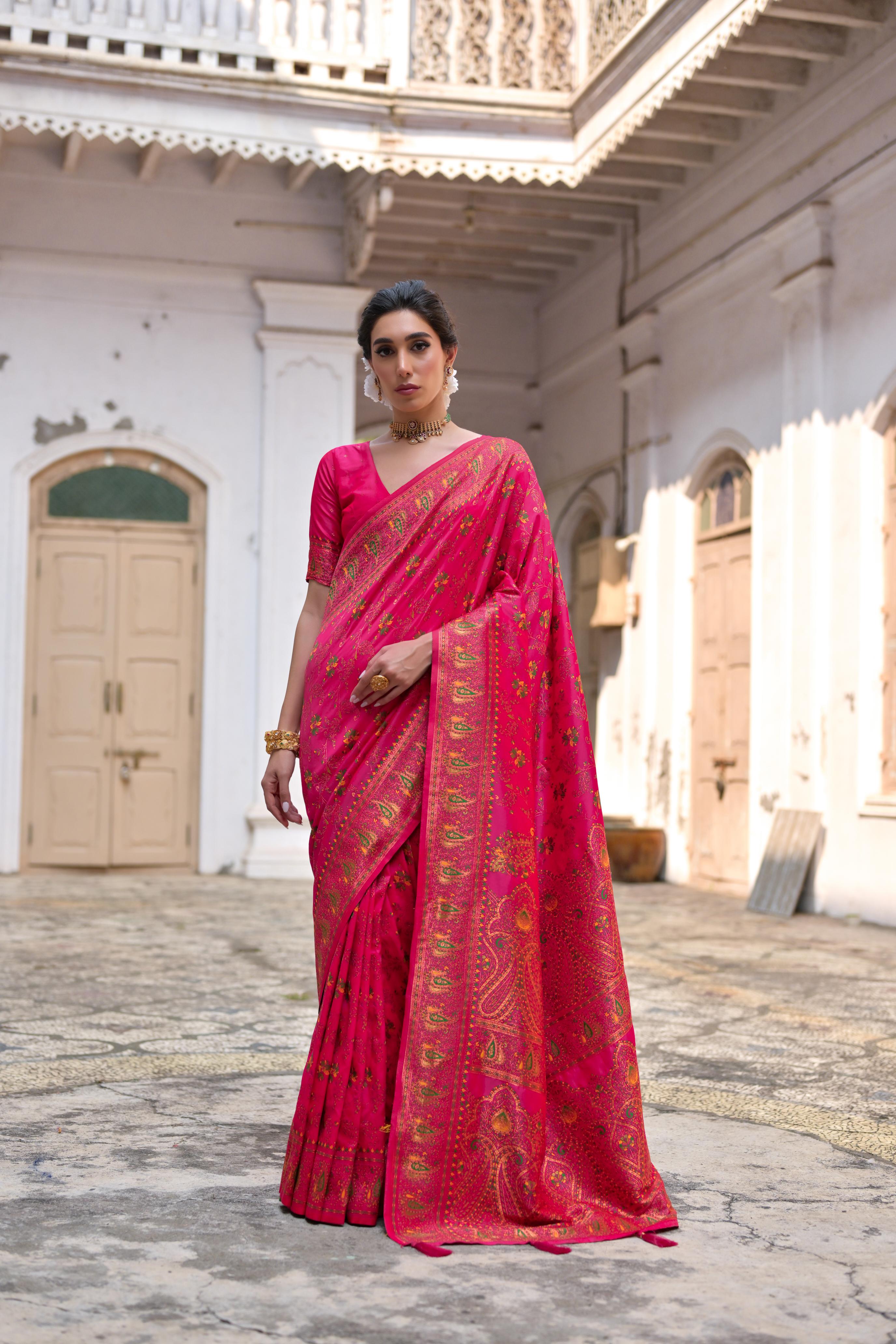 Buy MySilkLove Amaranth Pink Woven Pashmina Silk Saree Online