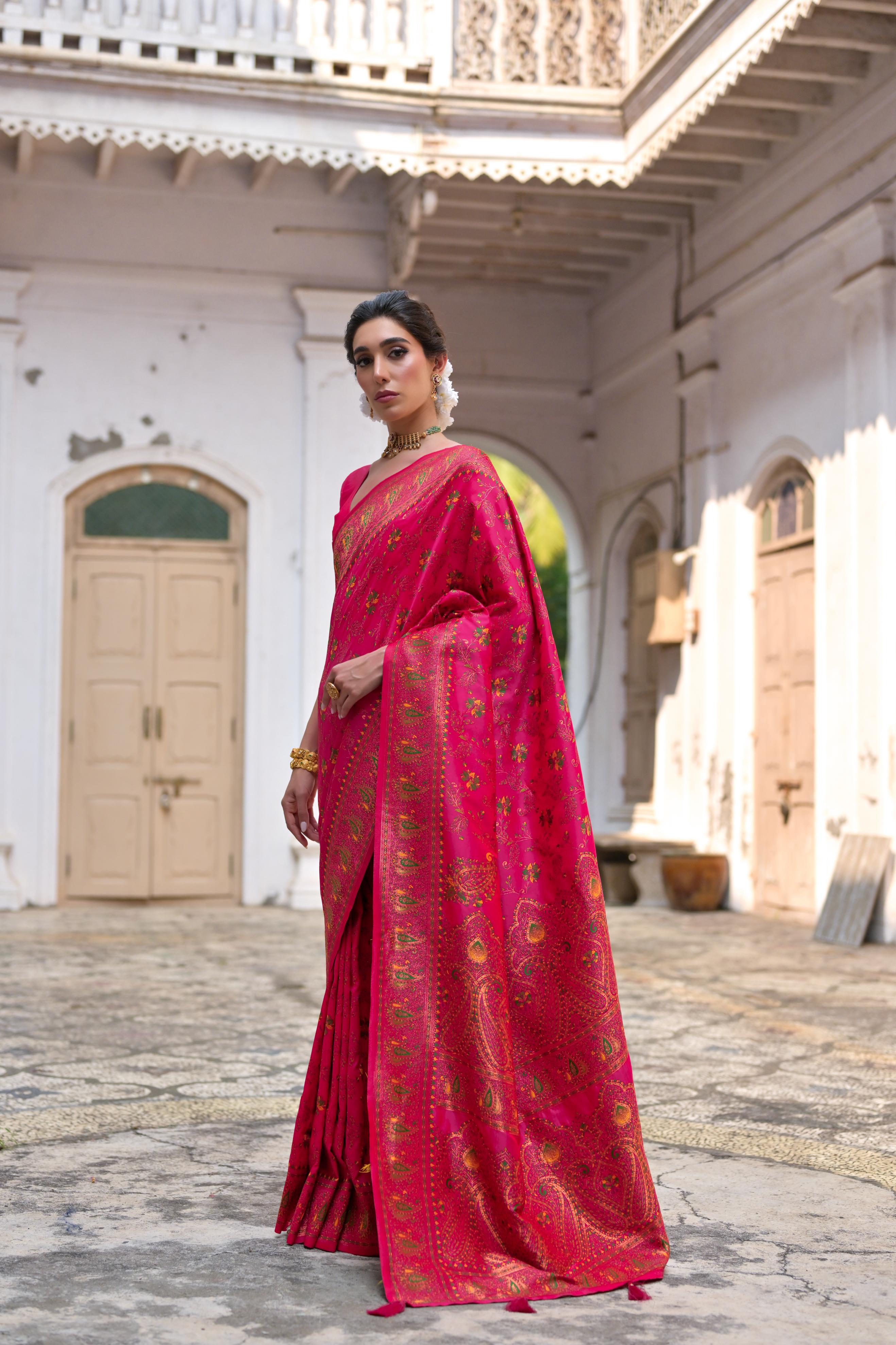 Buy MySilkLove Amaranth Pink Woven Pashmina Silk Saree Online