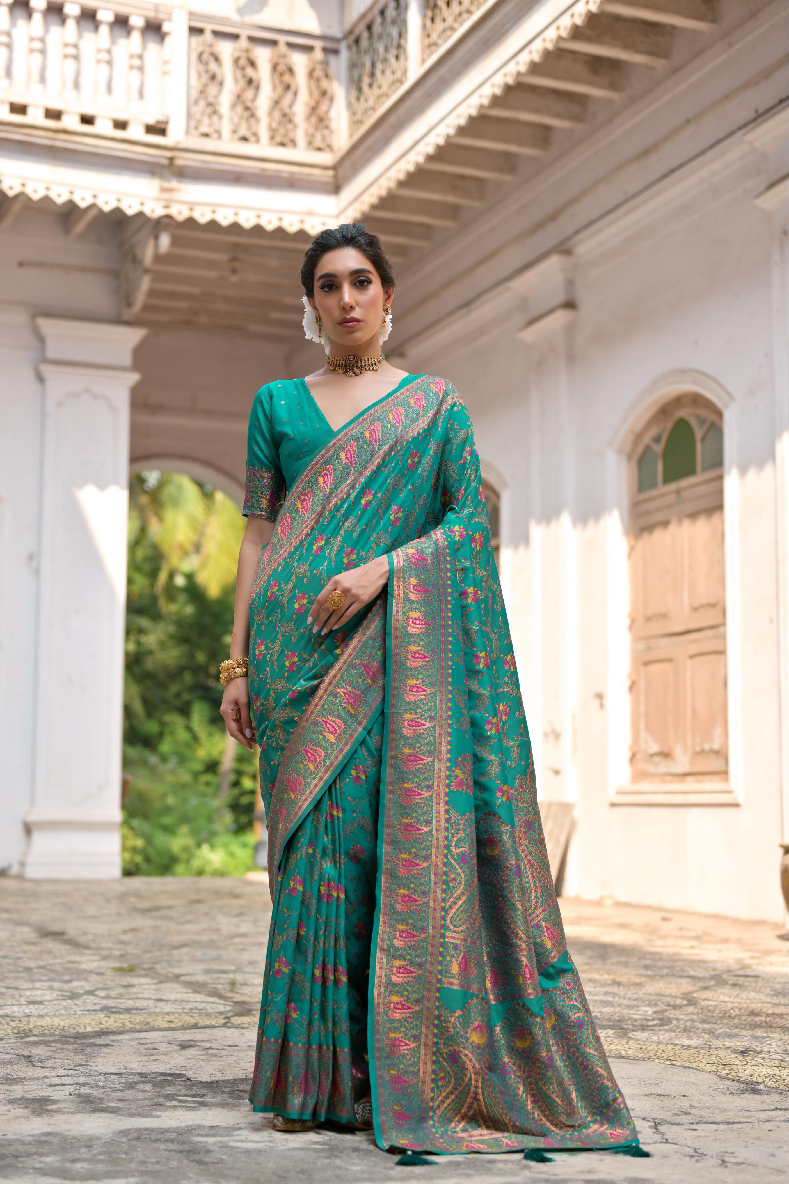 Buy MySilkLove Dark Cyan Green Woven Pashmina Silk Saree Online