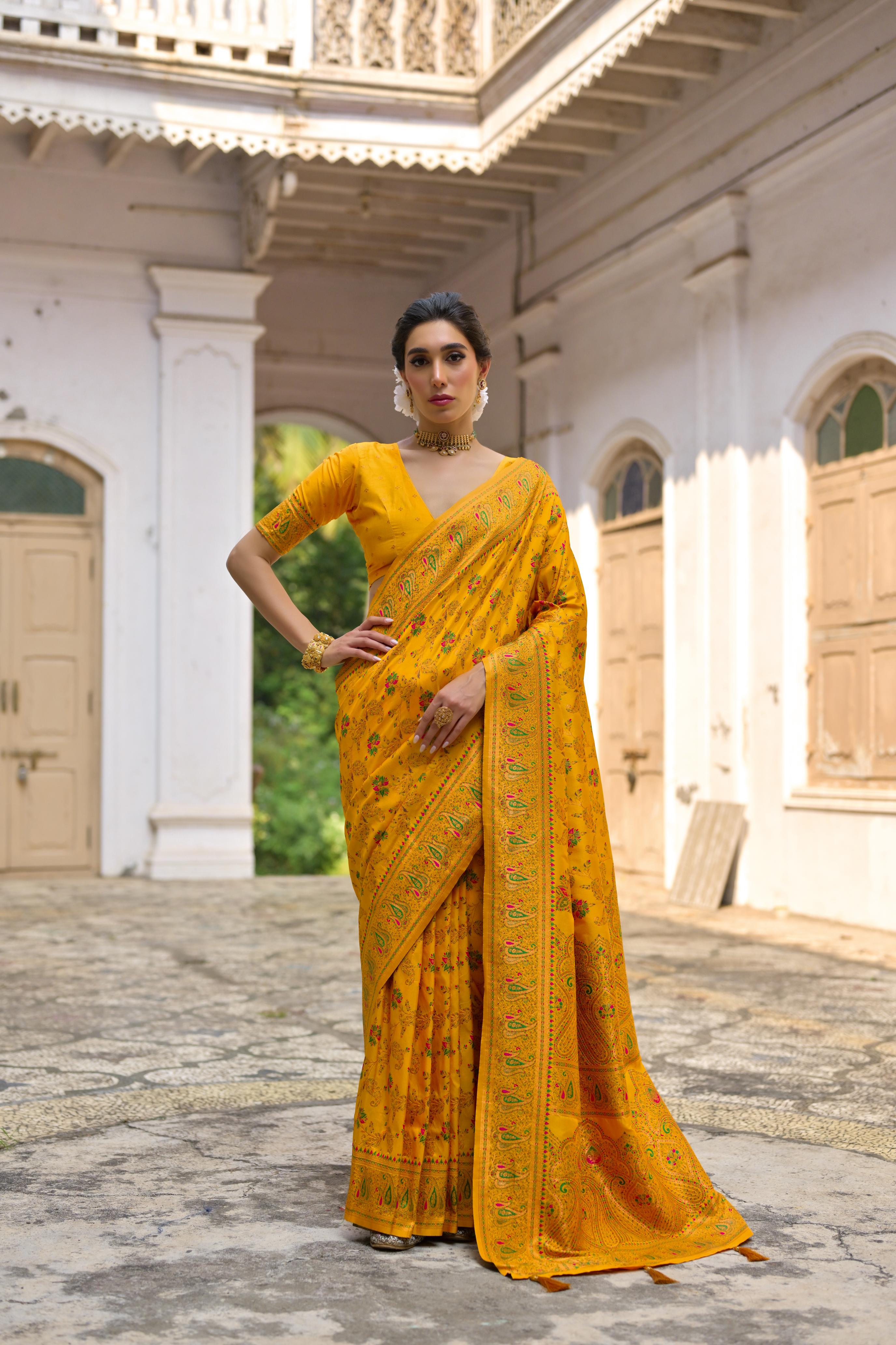 Buy MySilkLove Tulip Tree Yellow Woven Pashmina Silk Saree Online