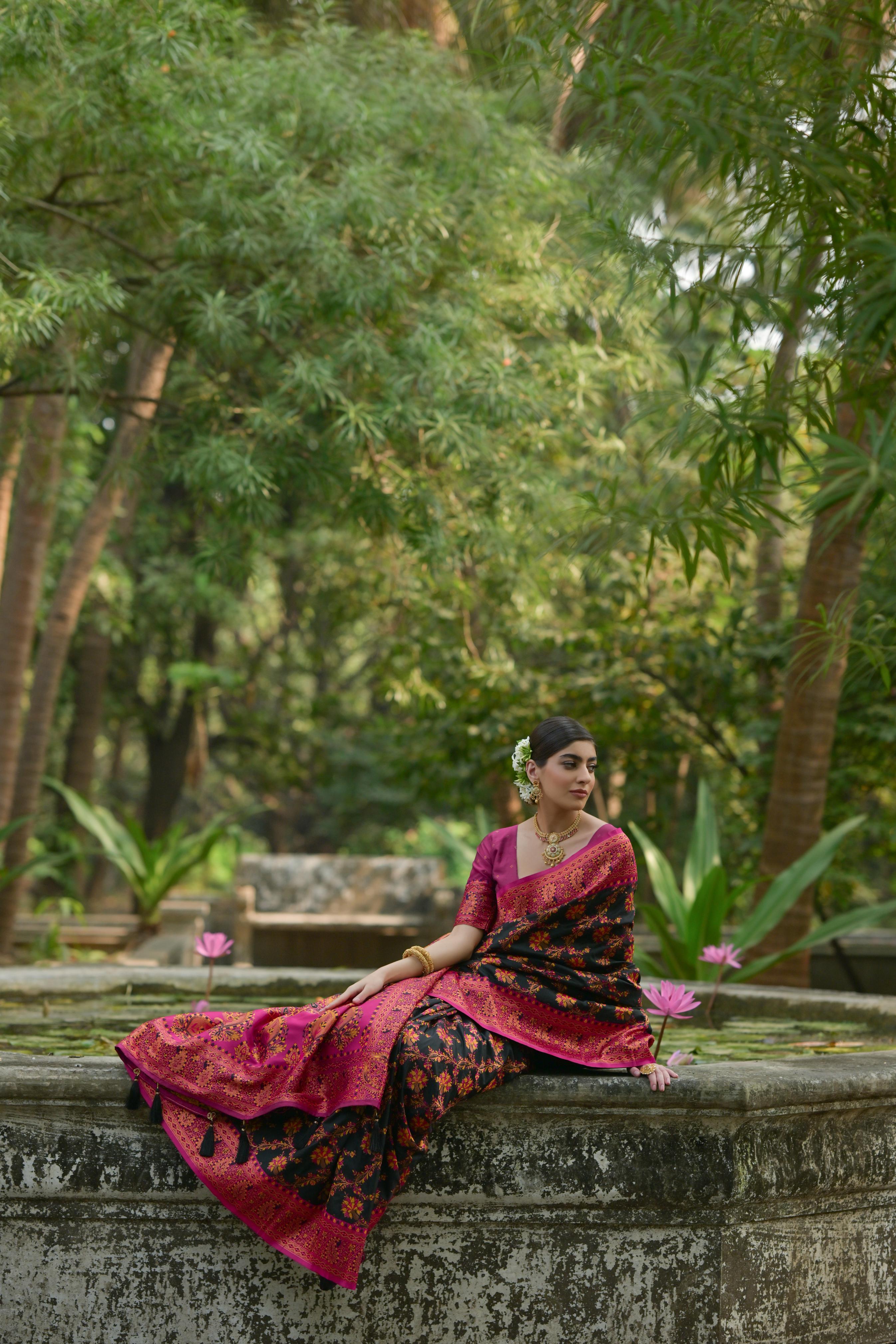 Buy MySilkLove Graphite Black Woven Pashmina Silk Saree Online