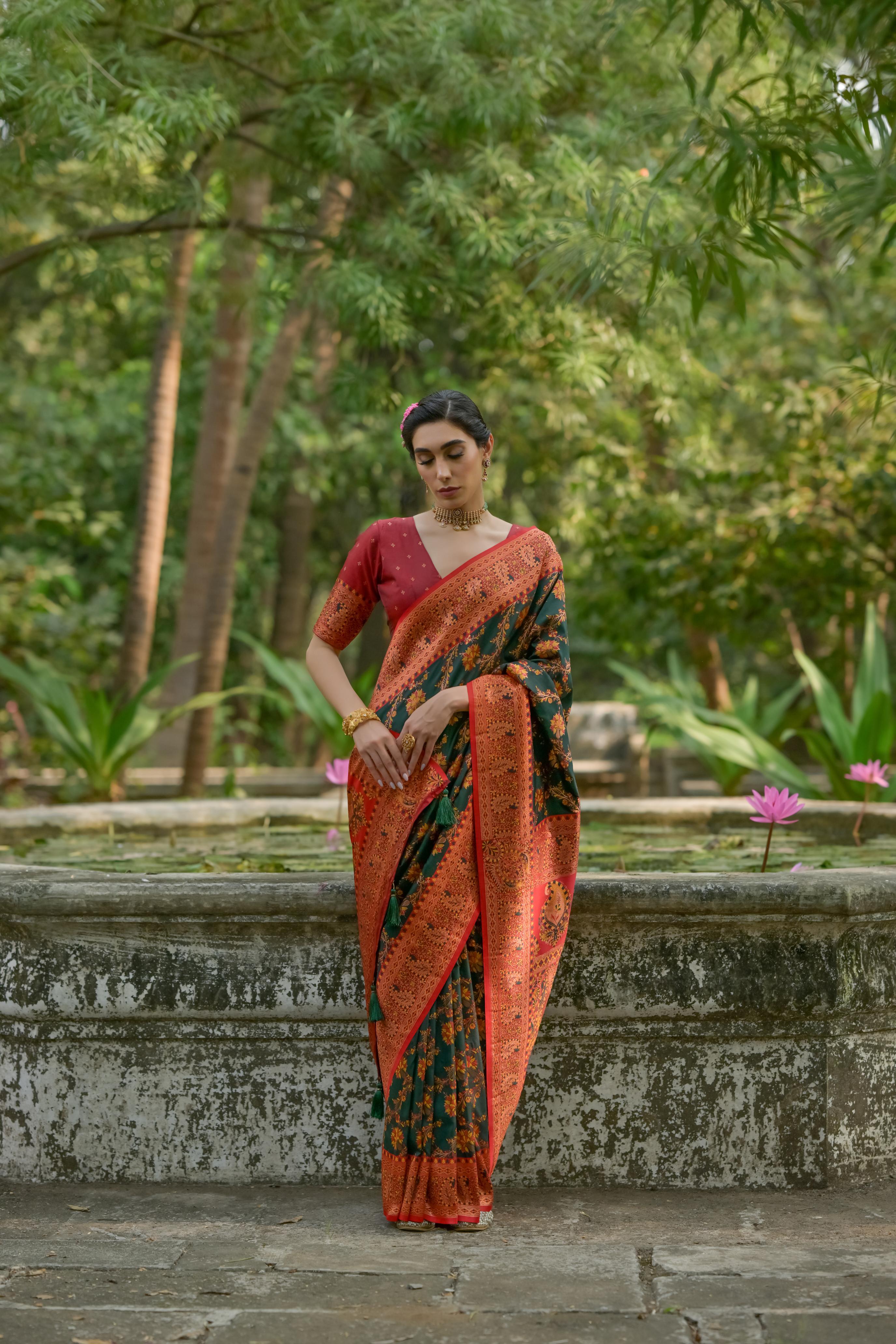 Buy MySilkLove Mineral Green Woven Pashmina Silk Saree Online