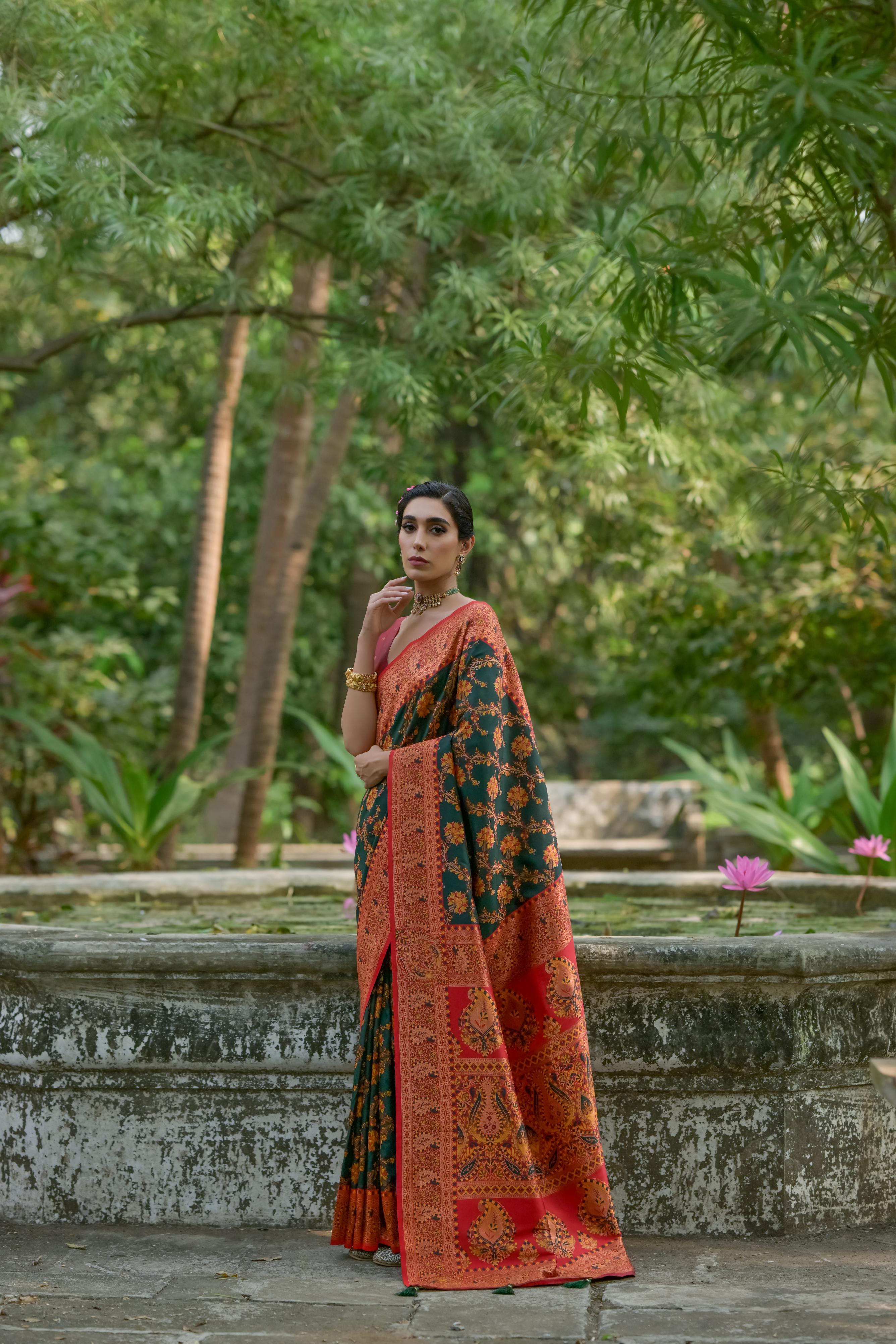 Buy MySilkLove Mineral Green Woven Pashmina Silk Saree Online