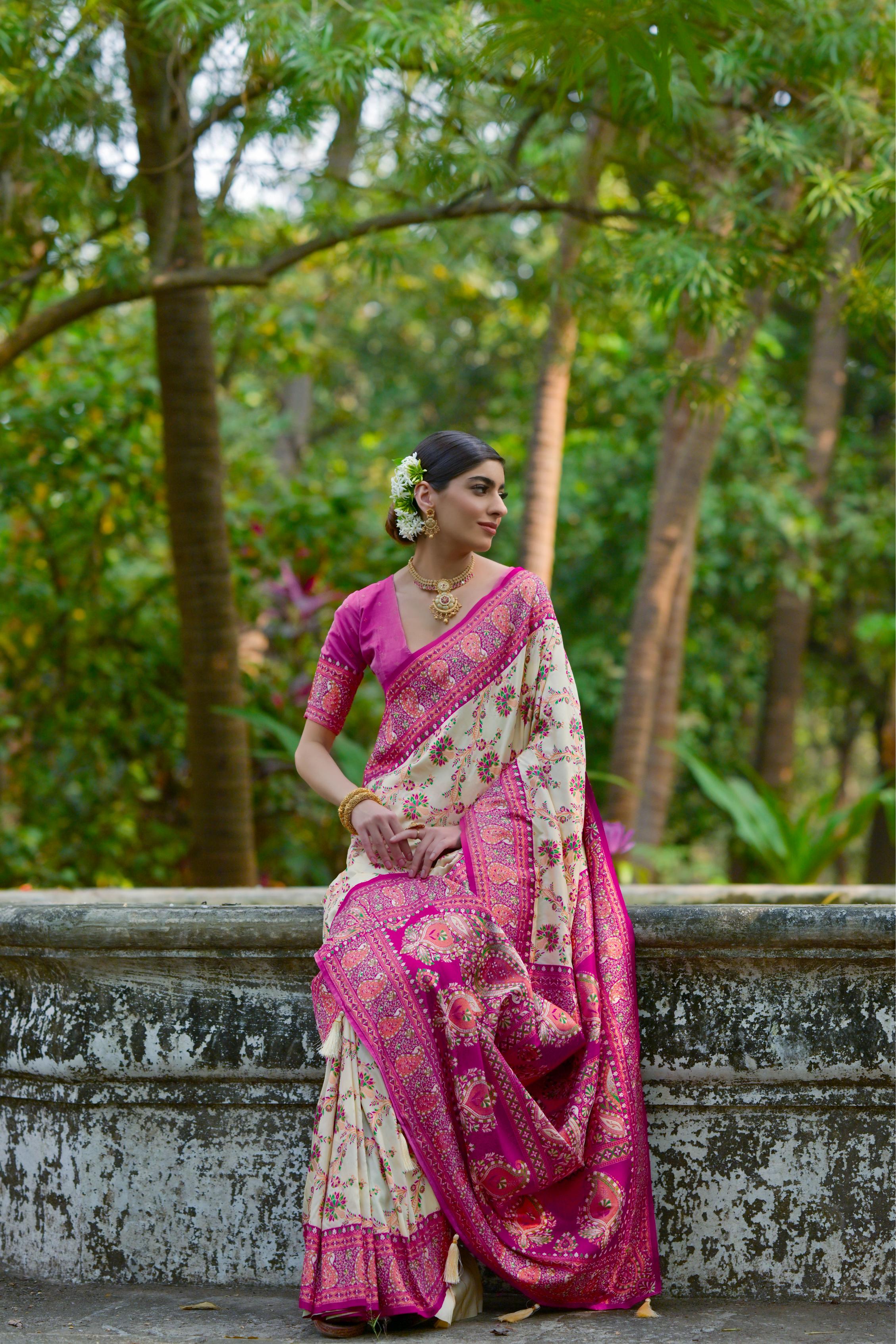 Buy MySilkLove Cashmere Cream Woven Pashmina Silk Saree Online