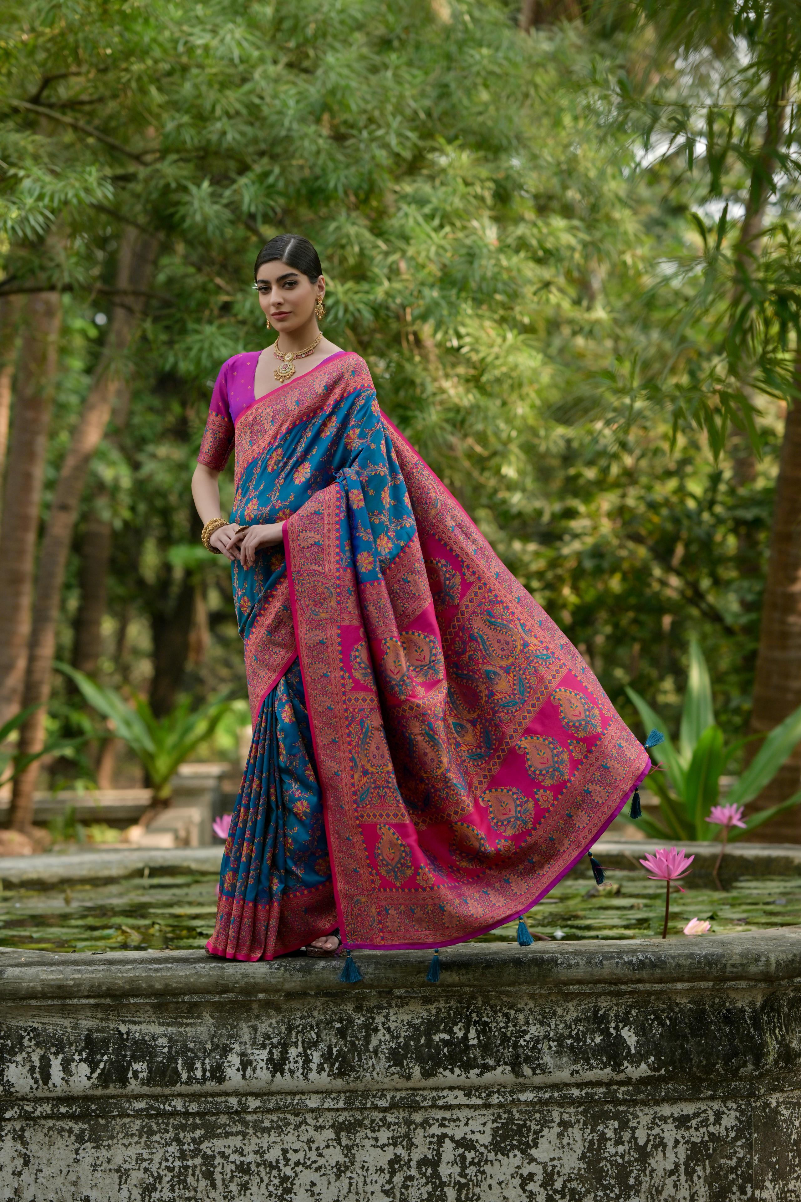 Buy MySilkLove Blue Jay Woven Pashmina Silk Saree Online