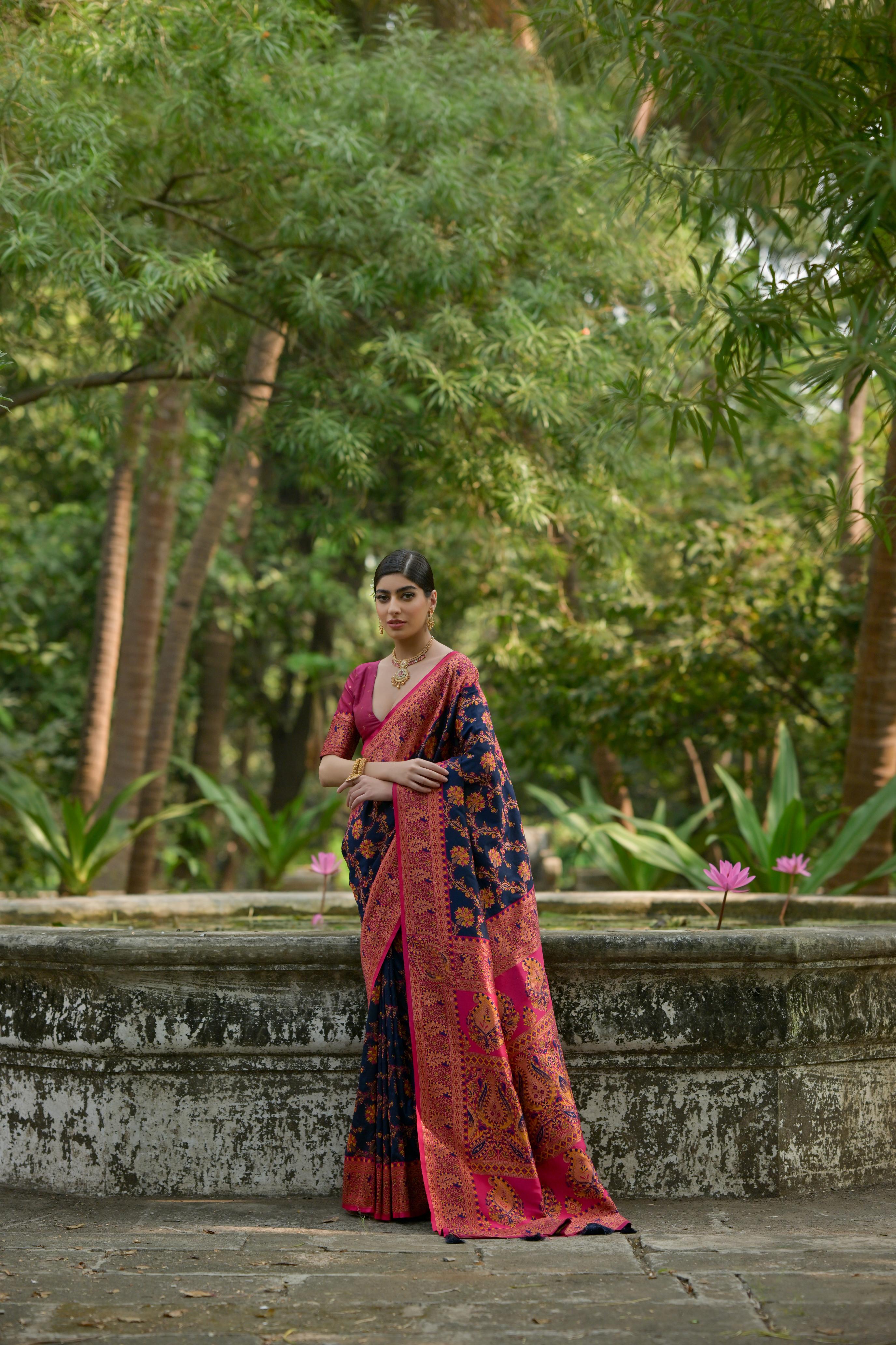 Buy MySilkLove Twilight Blue Woven Pashmina Silk Saree Online