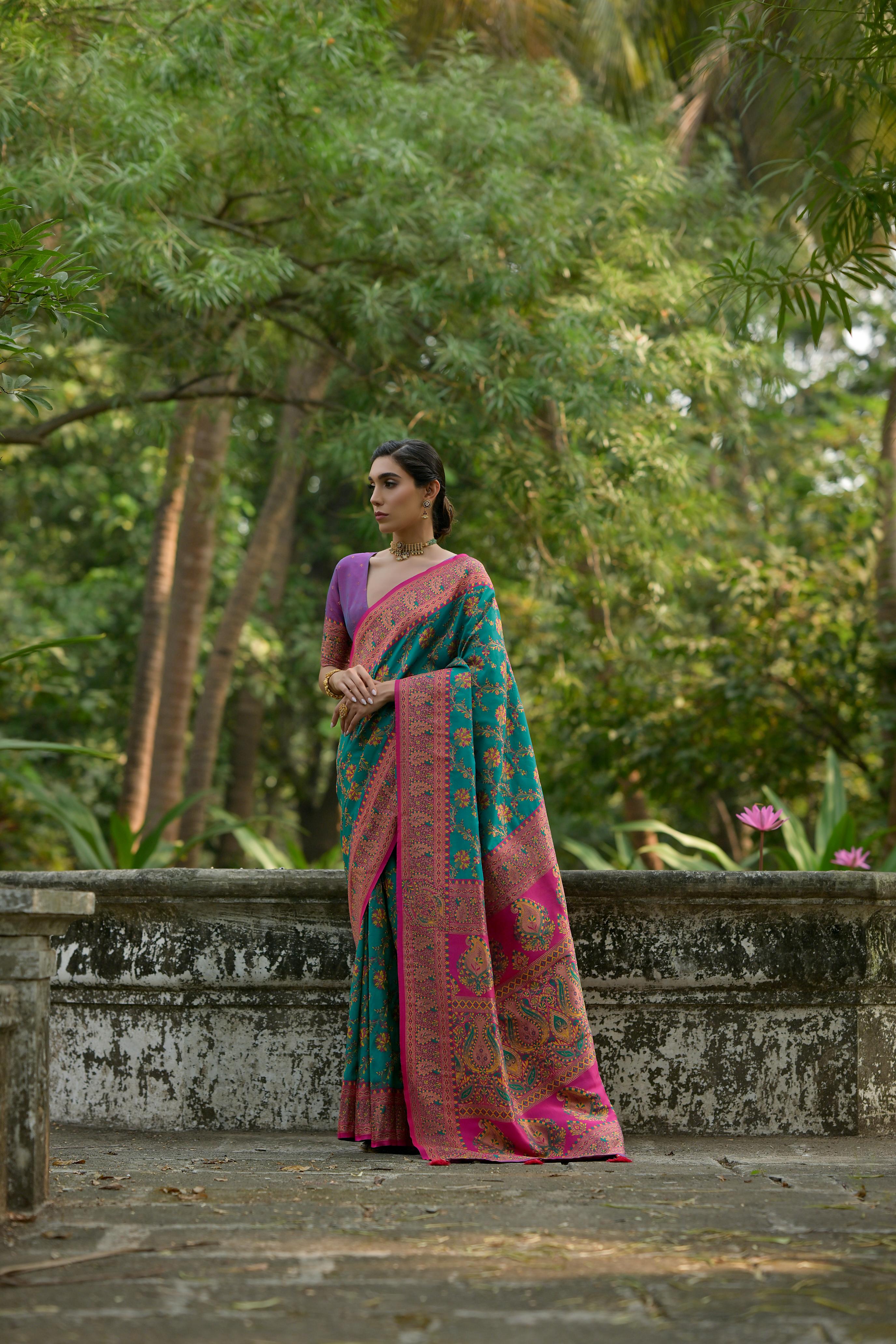 Buy MySilkLove Mountain Meadow Blue Woven Pashmina Silk Saree Online