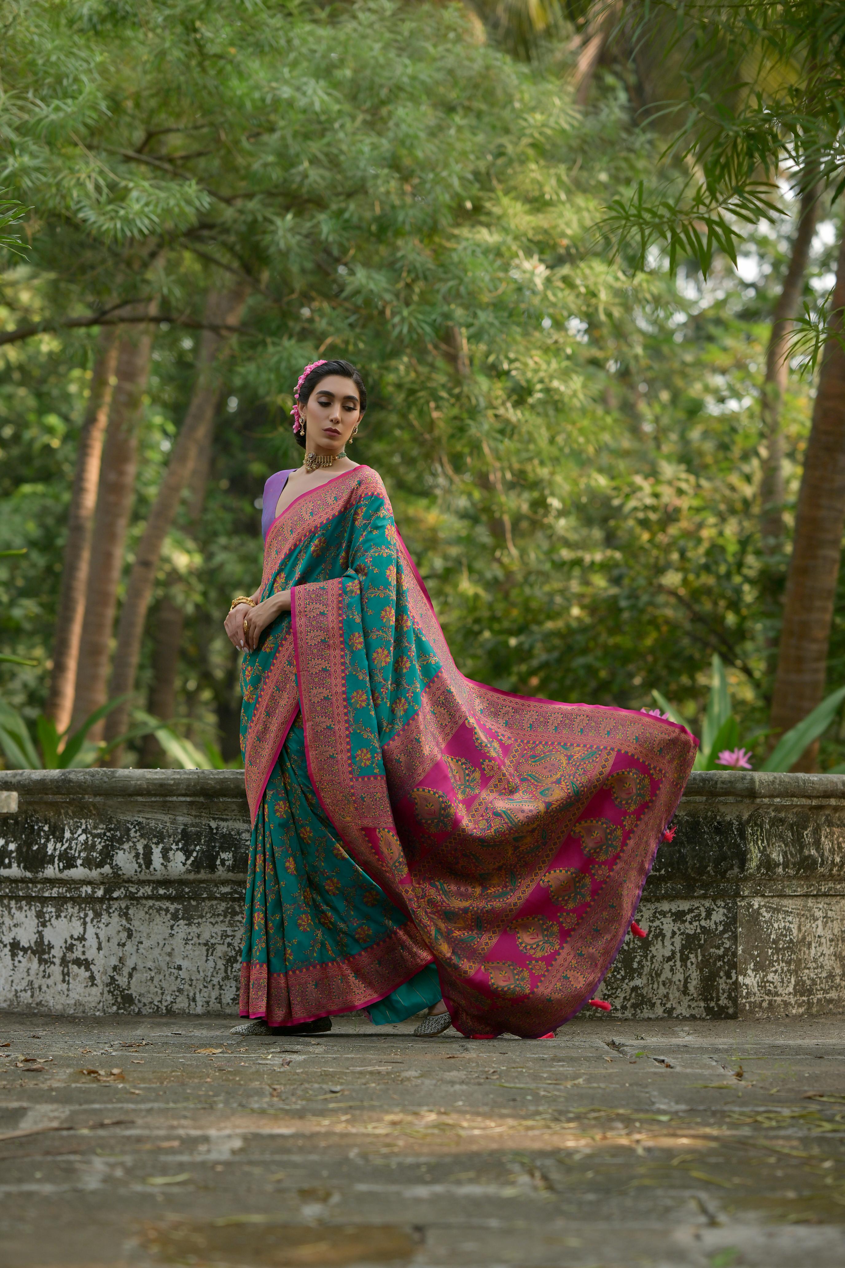 Buy MySilkLove Mountain Meadow Blue Woven Pashmina Silk Saree Online