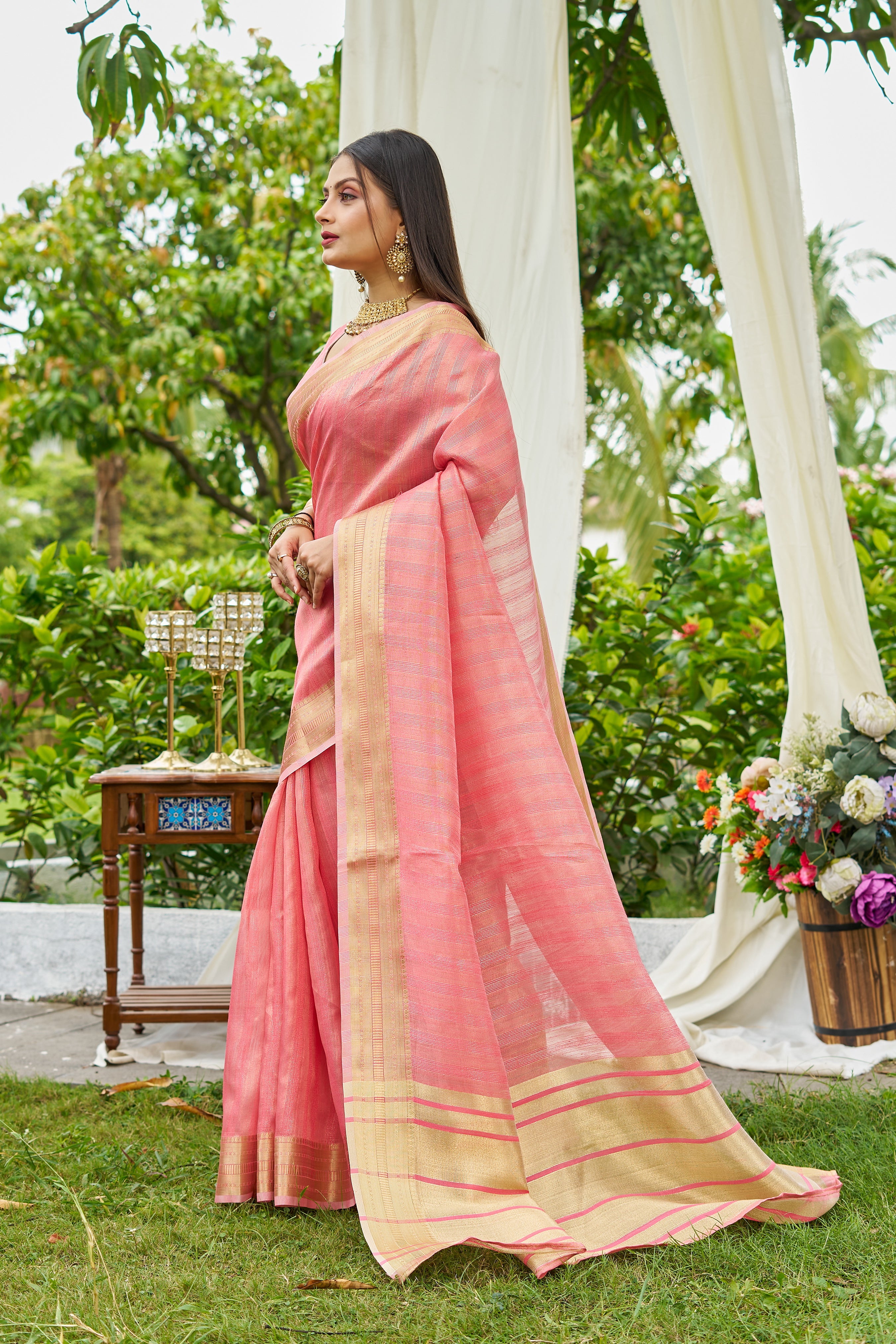 Buy MySilkLove Melon Peach Woven Tissue Saree Online