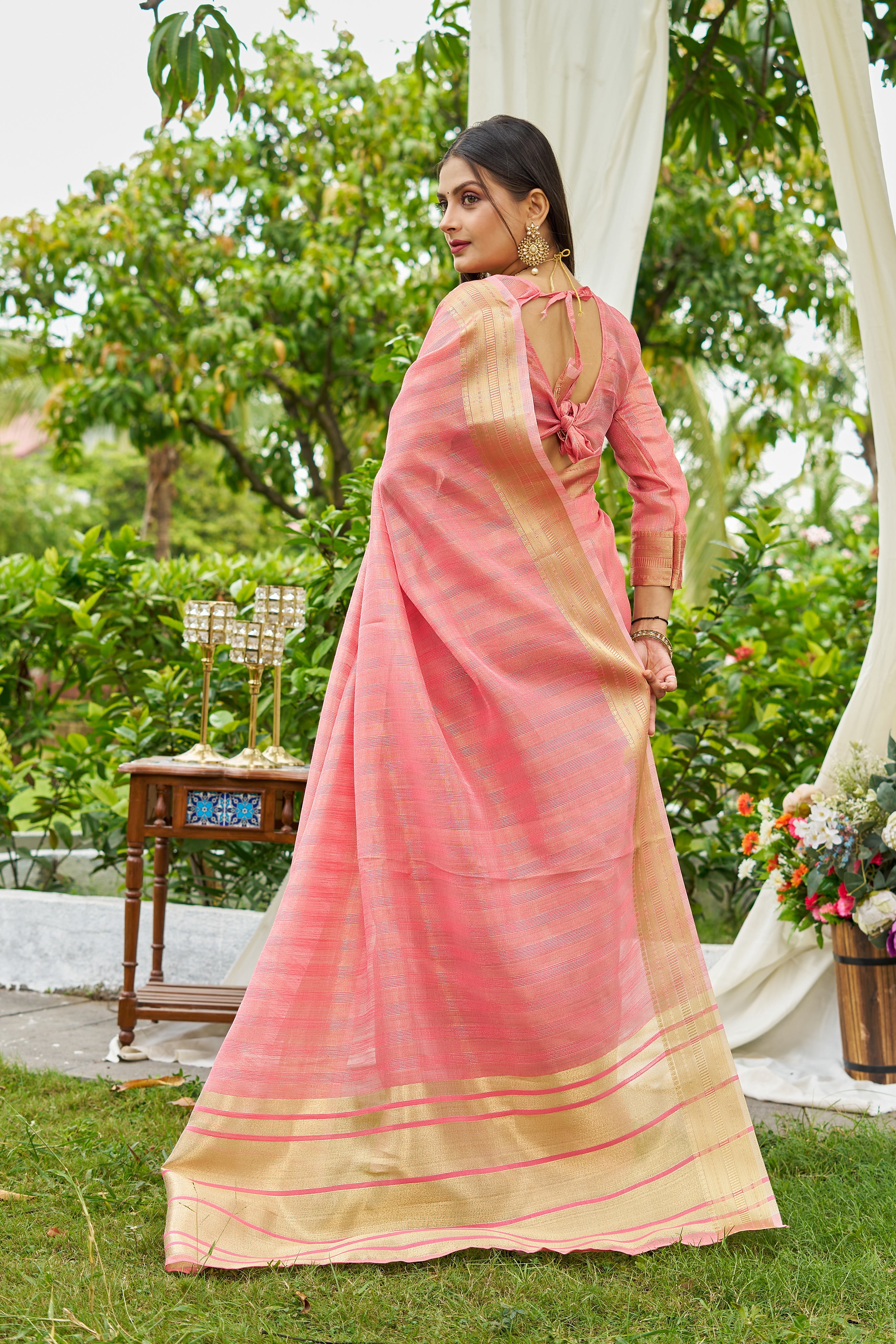 Buy MySilkLove Melon Peach Woven Tissue Saree Online