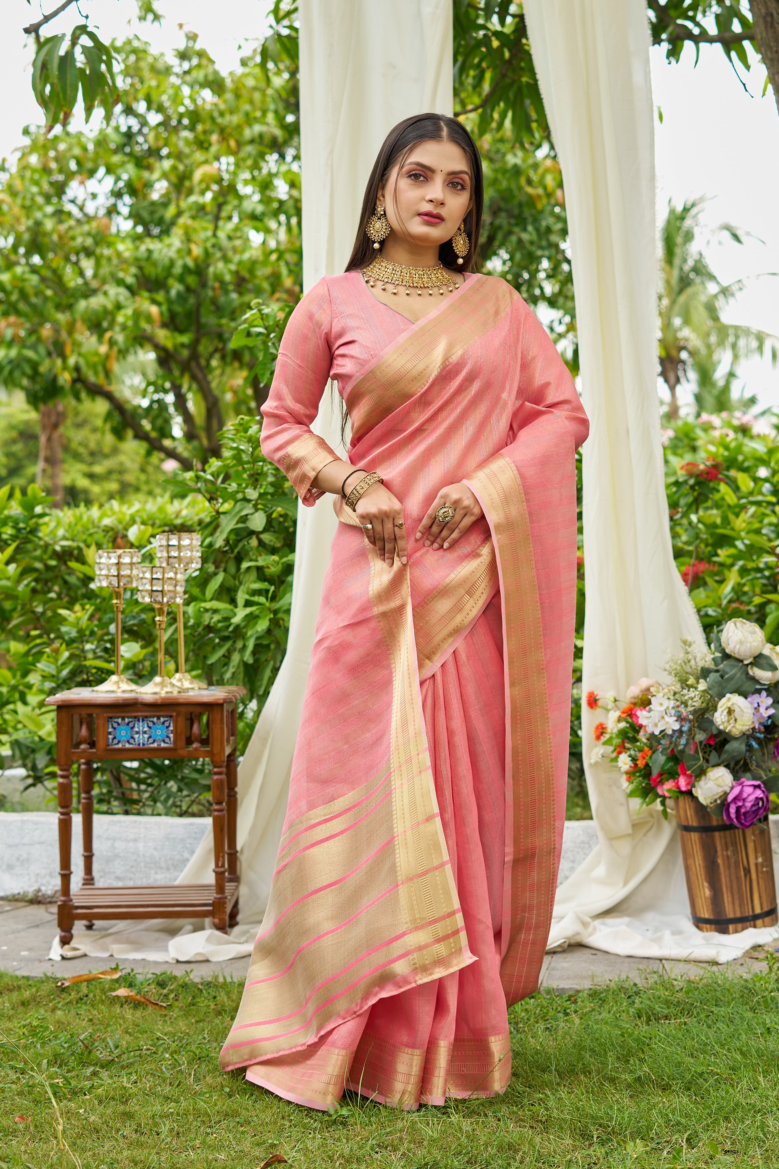 Buy MySilkLove Melon Peach Woven Tissue Saree Online