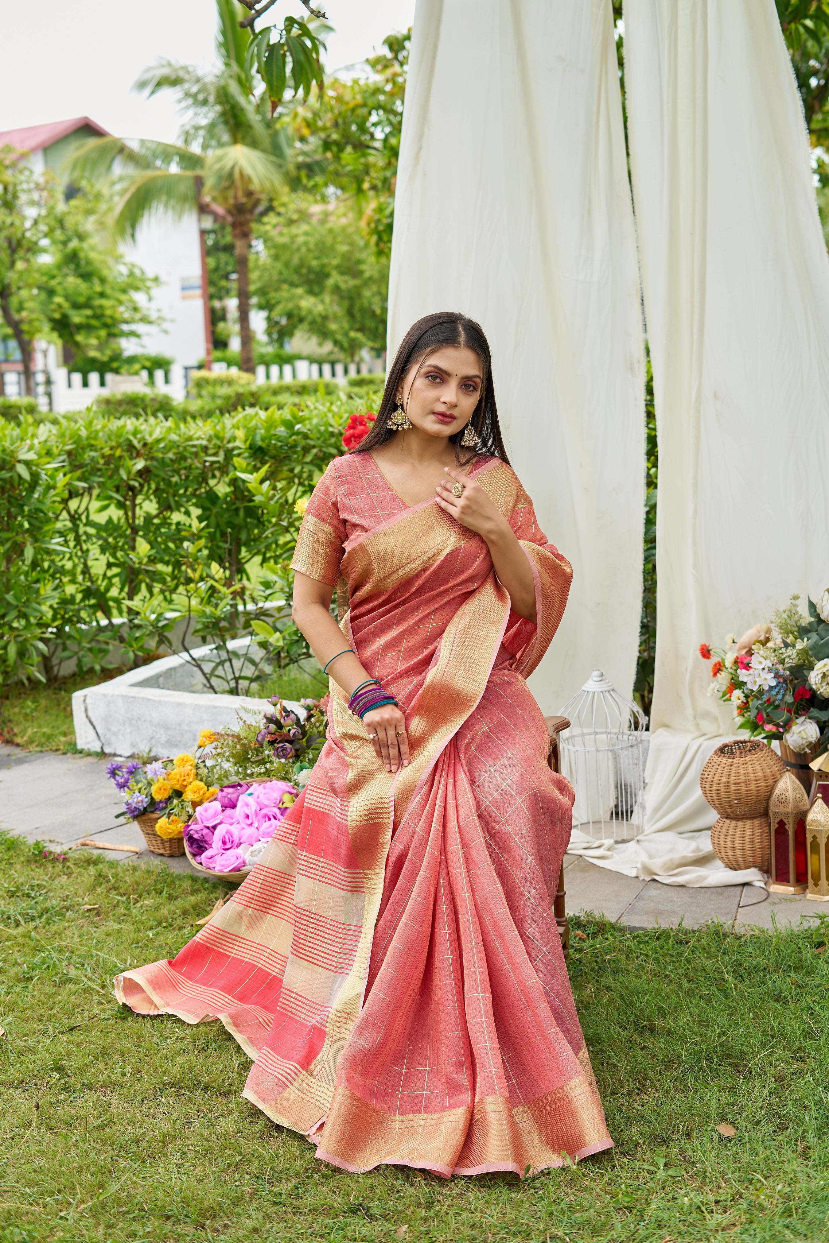 Buy MySilkLove Salmon Peach Tissue Woven Saree Online