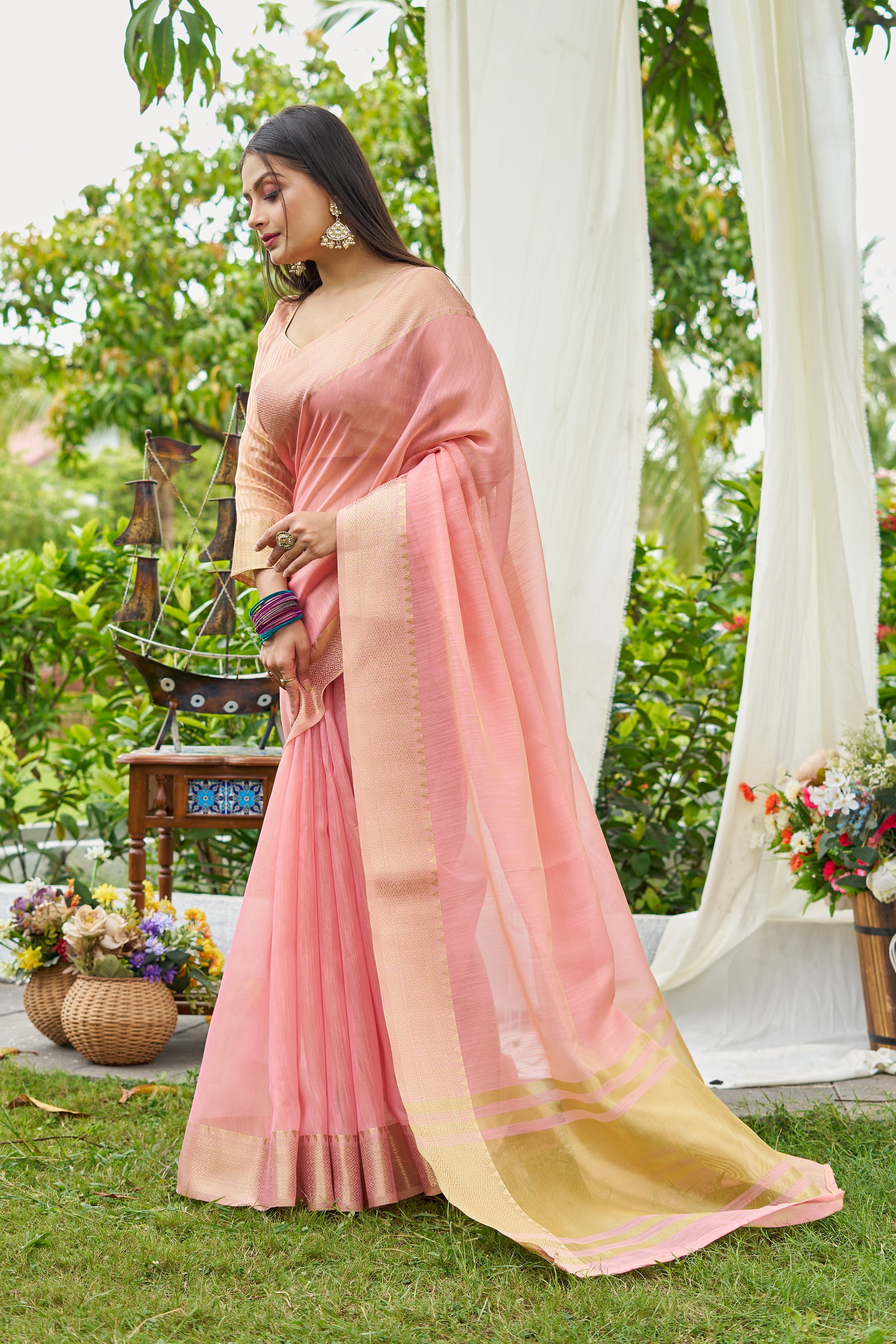 Buy MySilkLove Tea Rose Pink Woven Linen Saree Online