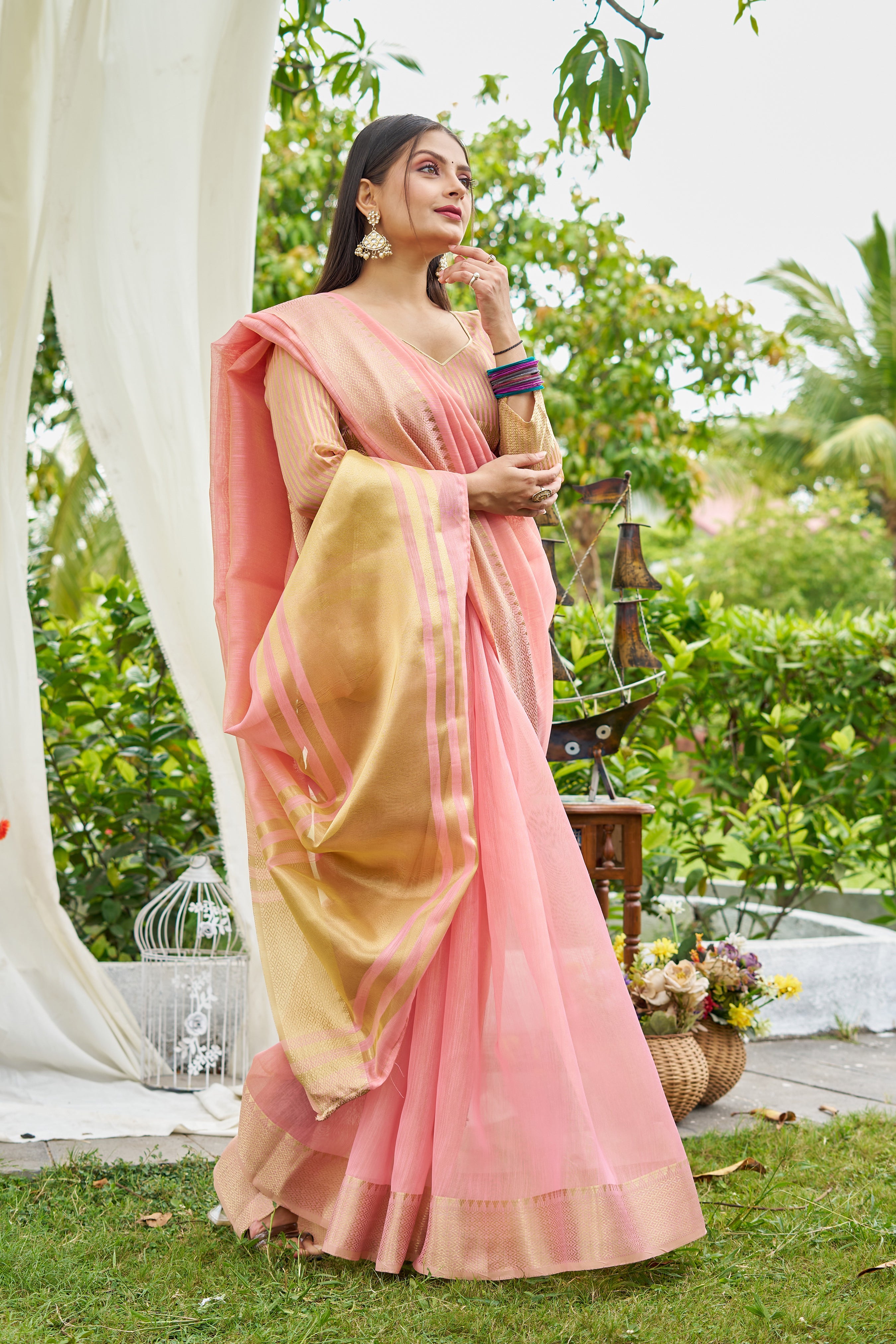 Buy MySilkLove Tea Rose Pink Woven Linen Saree Online