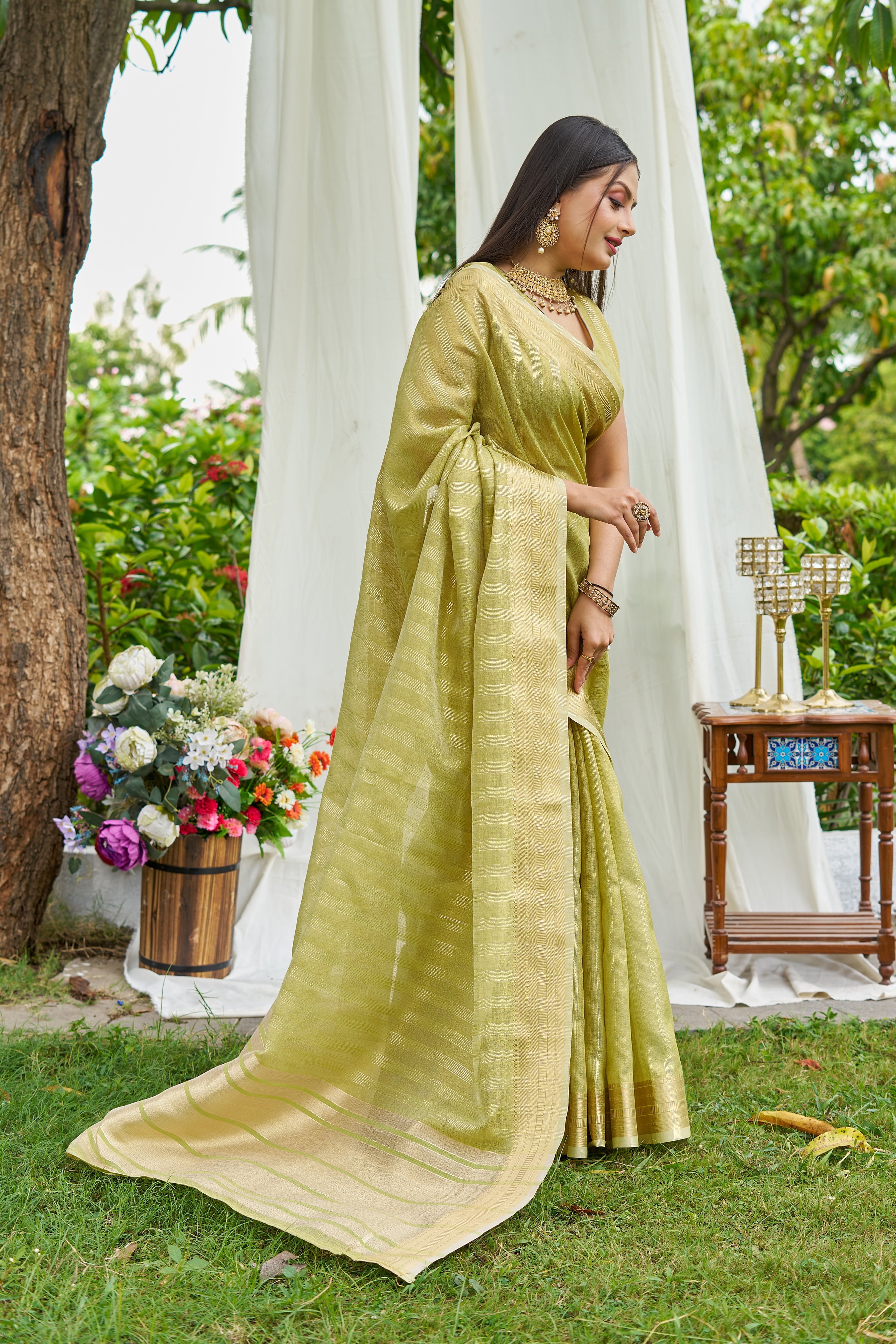 MySilkLove Lizard Green Woven Tissue Saree