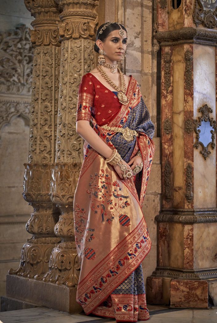 Buy MySilkLove Smokey Bule and Red Woven Patola Silk Saree Online