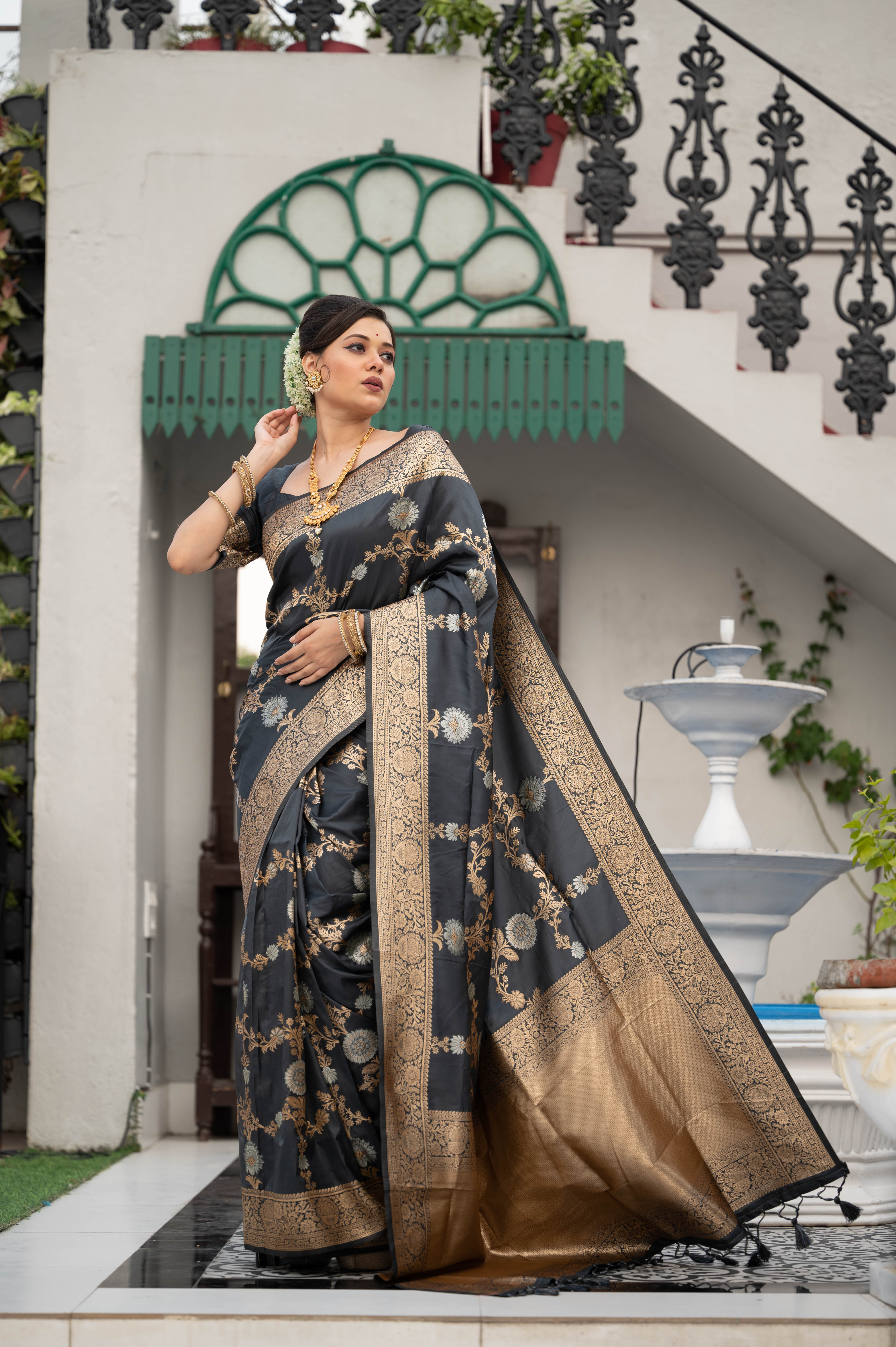 Buy MySilkLove Ship Grey Woven Banarasi Silk Saree Online